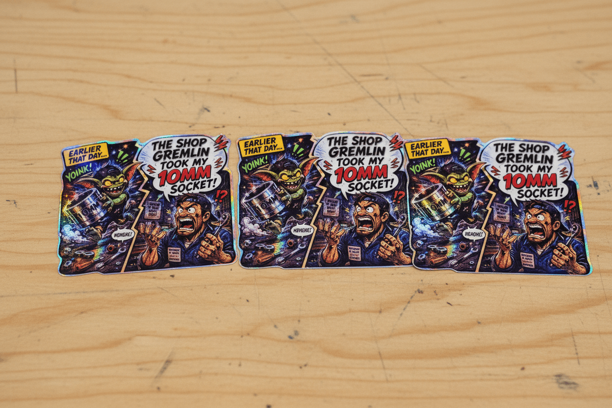 Set of five colorful trading cards featuring a character with a beard and mustache on a wooden surface.