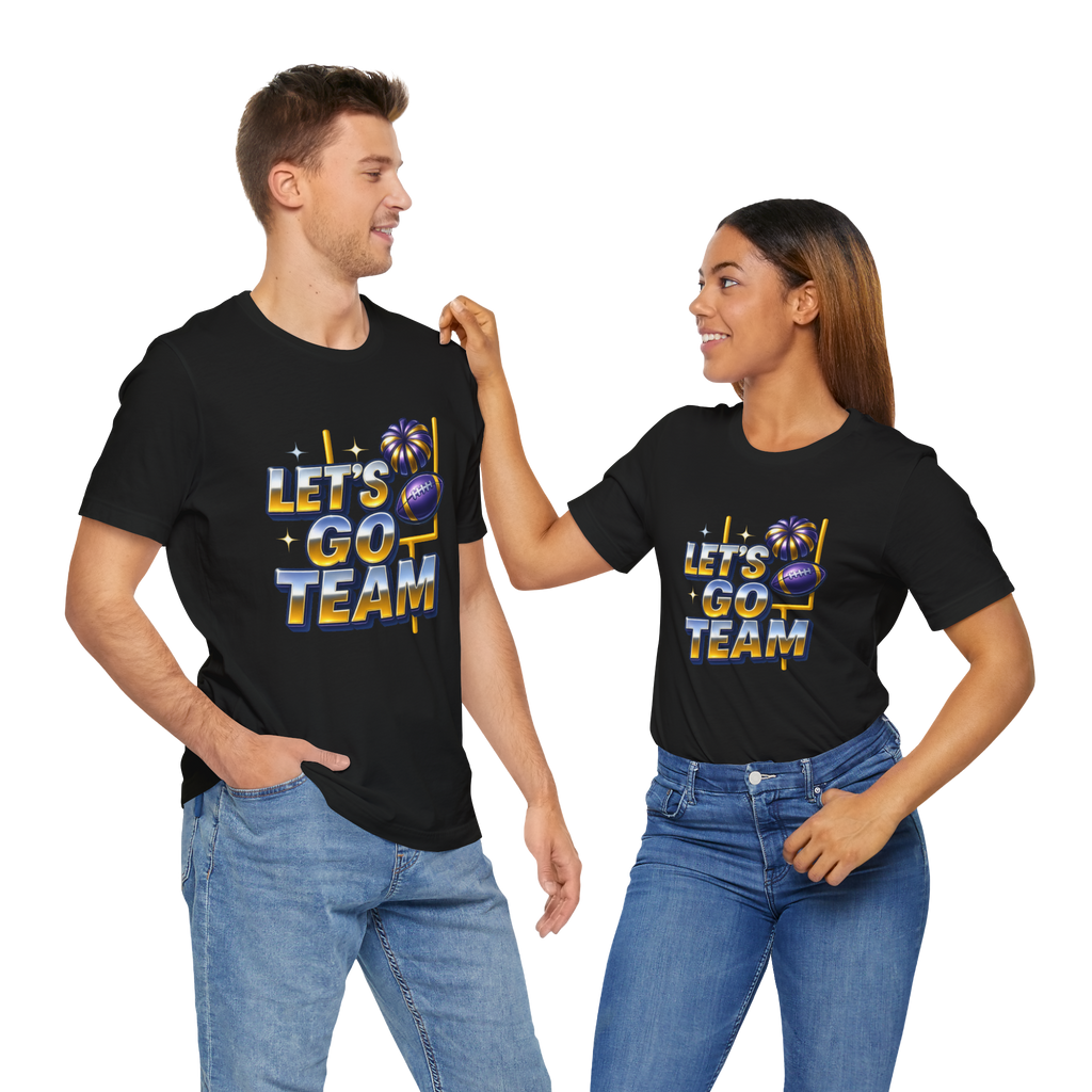 Let’s Go Team neon glow futuristic school spirit T-shirt design worn by a smiling man and woman.
