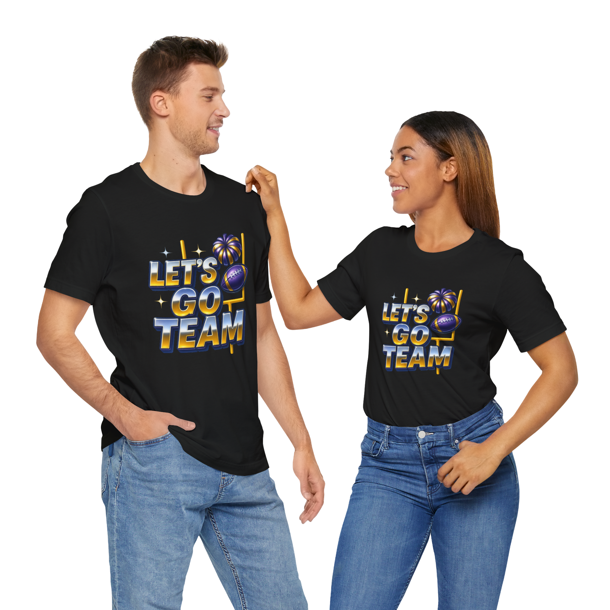 Let’s Go Team neon glow futuristic school spirit T-shirt design worn by a smiling man and woman.