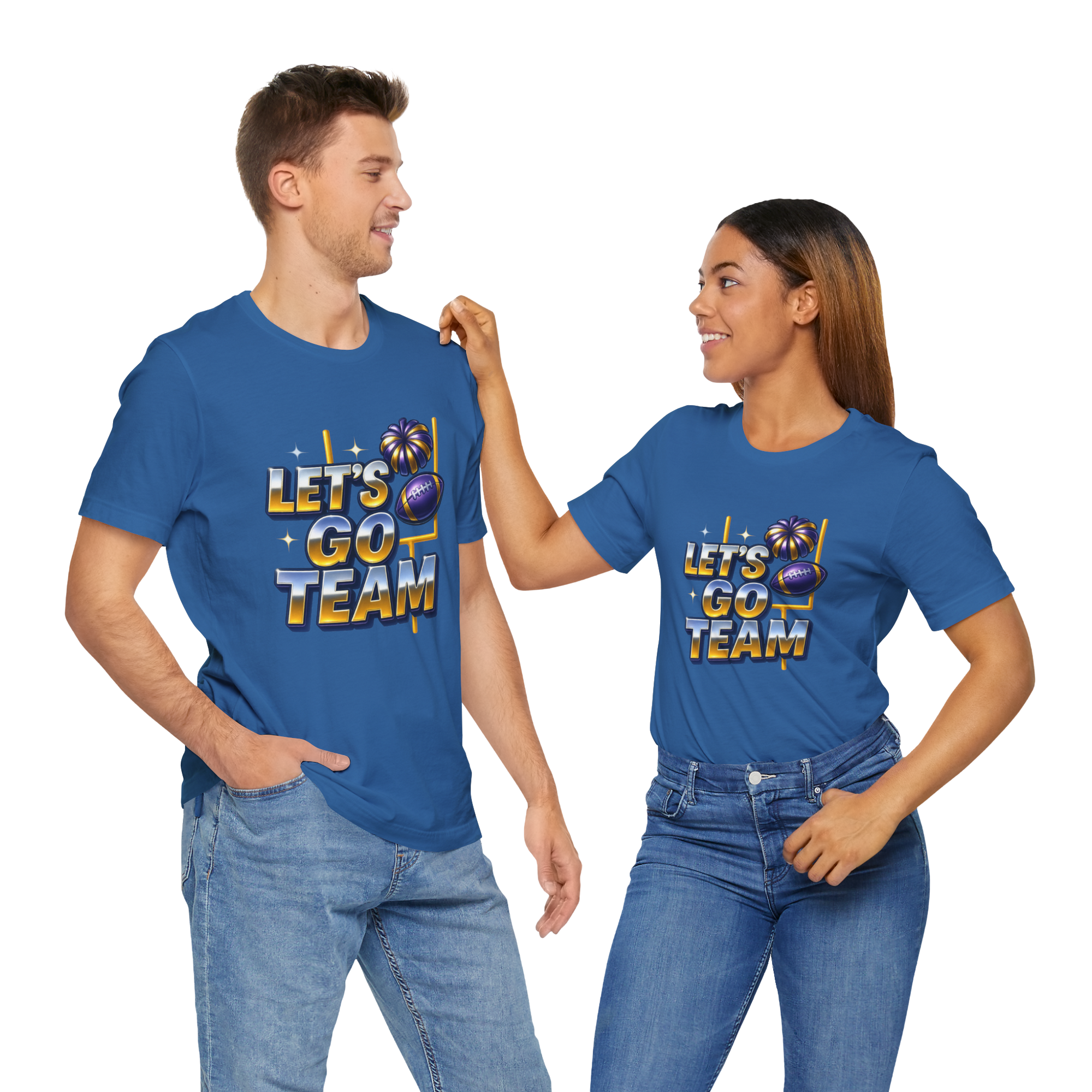 Couple wearing blue neon glow Let's Go Team T-shirts featuring futuristic school spirit design.
