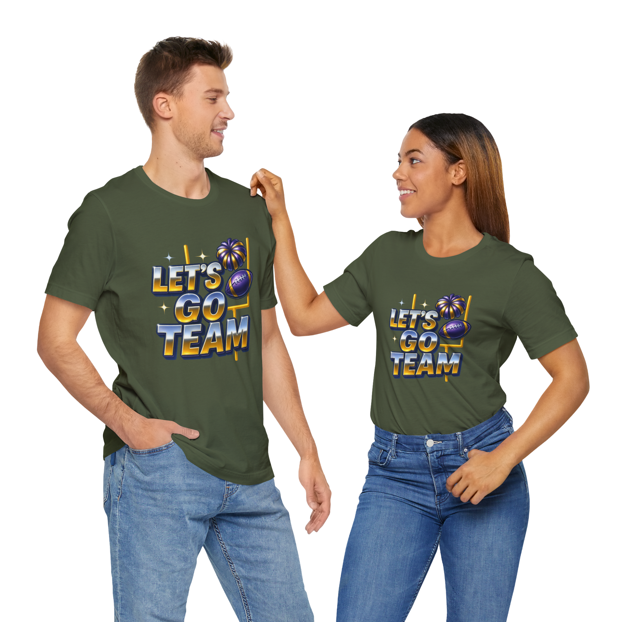 Two people in olive green tees with neon glow LET'S GO TEAM design featuring footballs and palm accents.