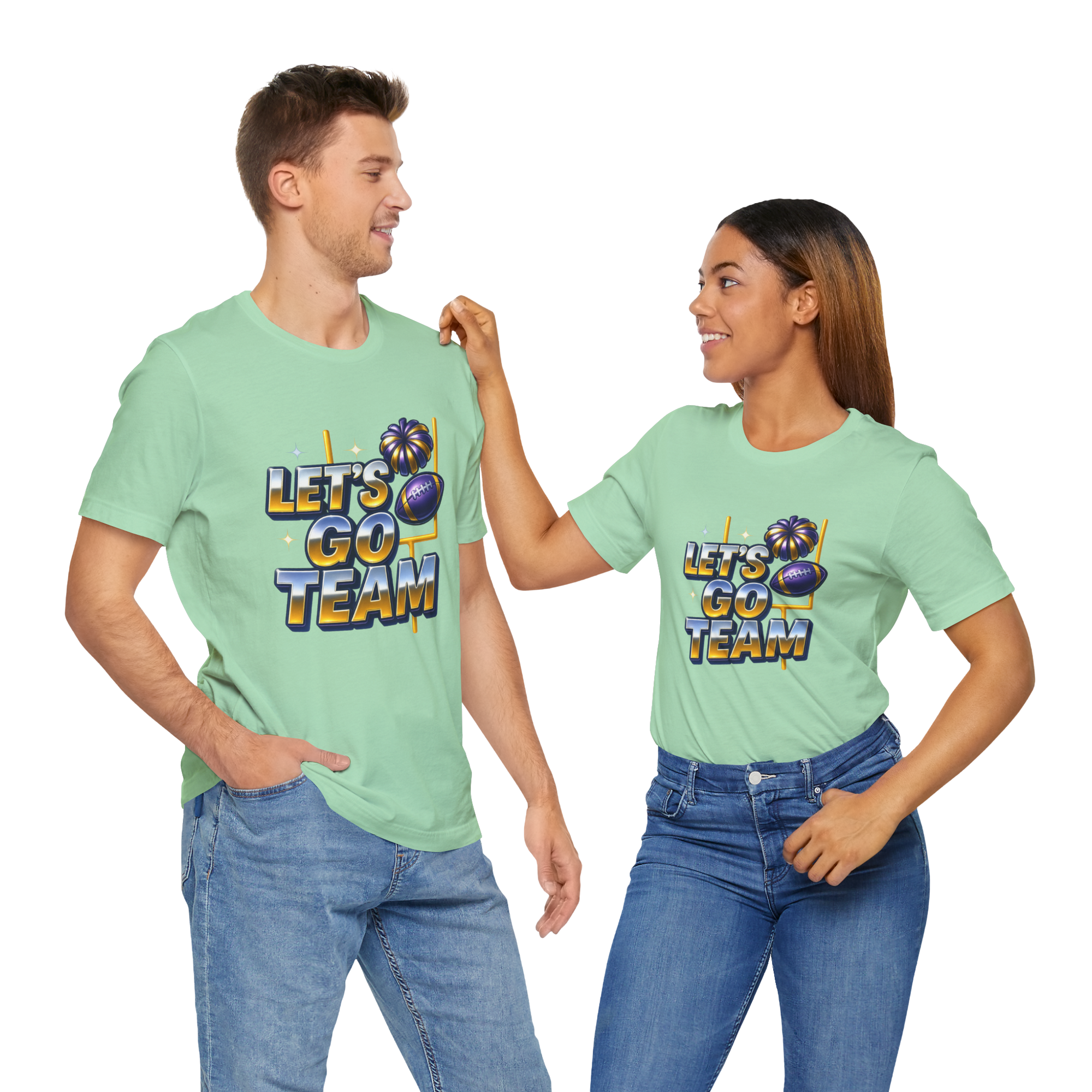 Two people in mint-green tees with neon Let's Go Team graphic featuring palm trees and a football.