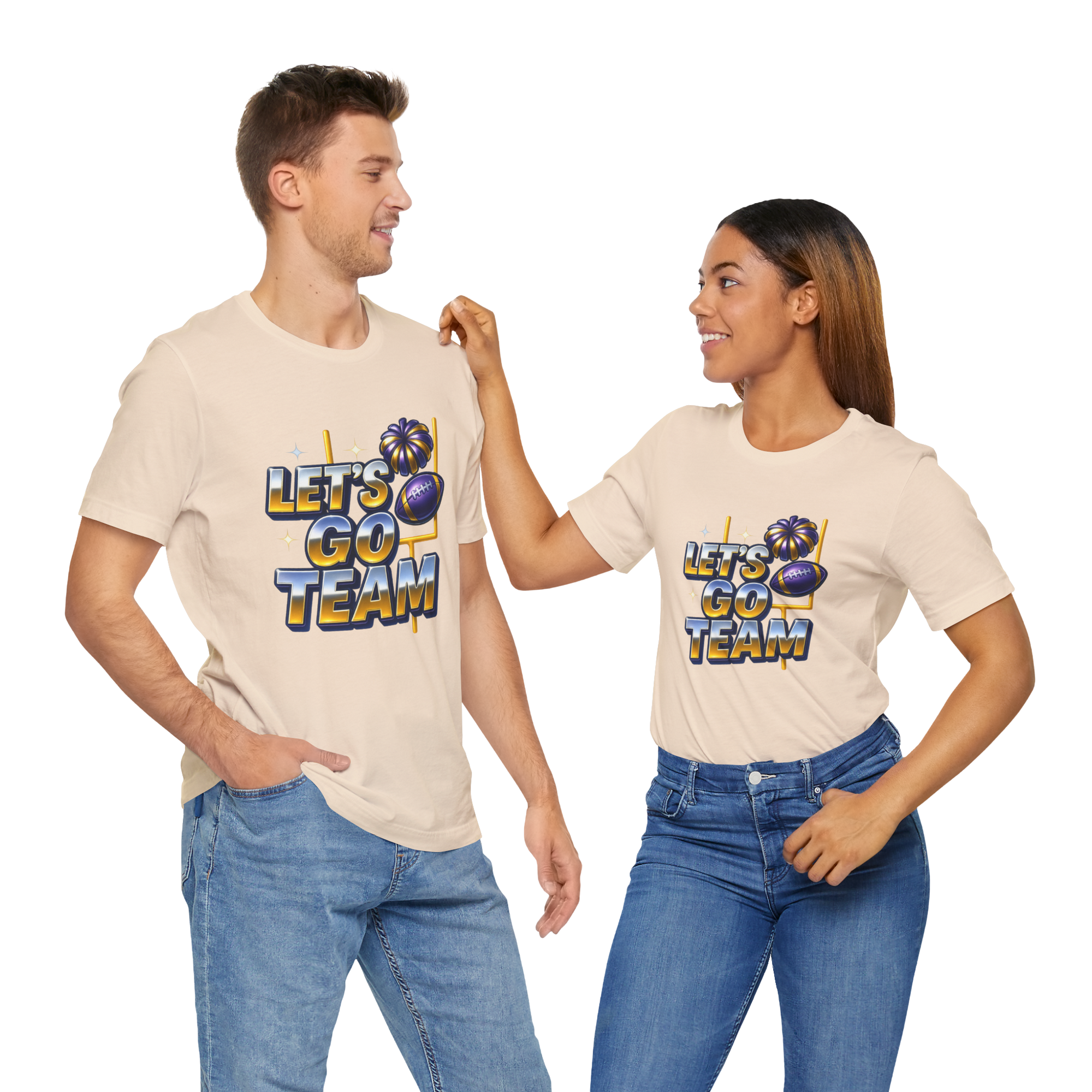 Two people modeling neon glow "Let's Go Team" T-shirts featuring palm trees and footballs.