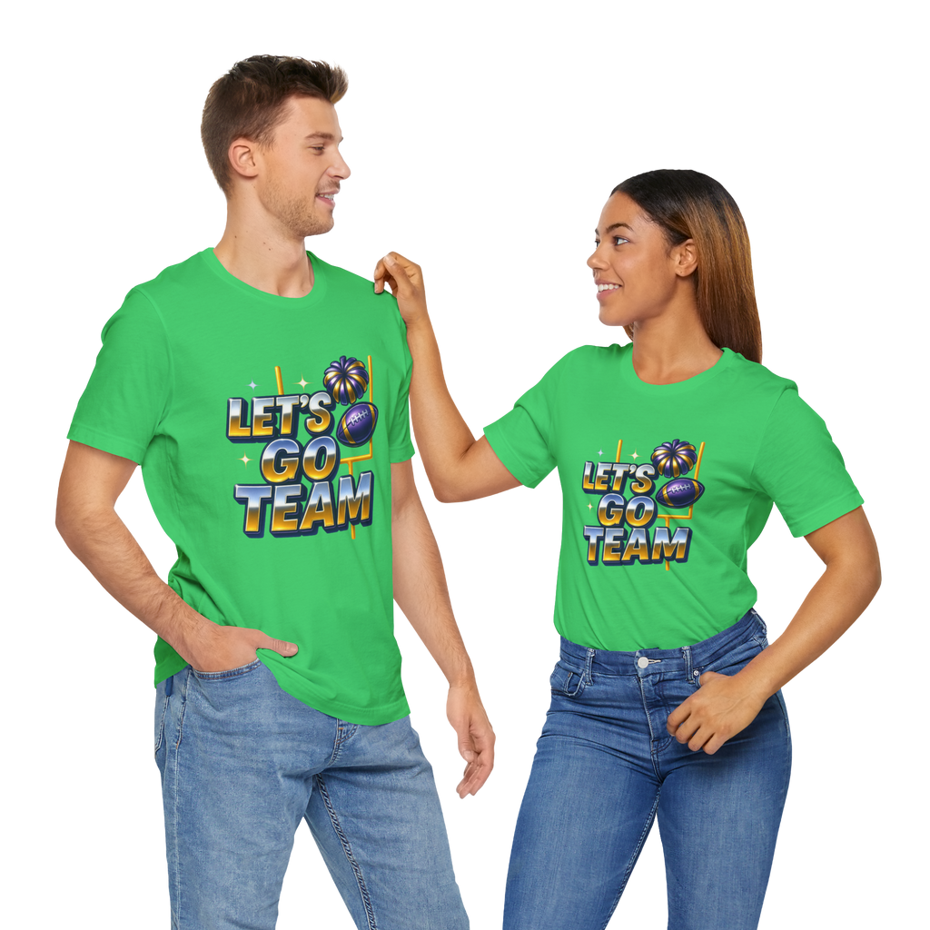 Two people wearing neon green T-shirts with a glowing 'LET’S GO TEAM' logo and sports icons.