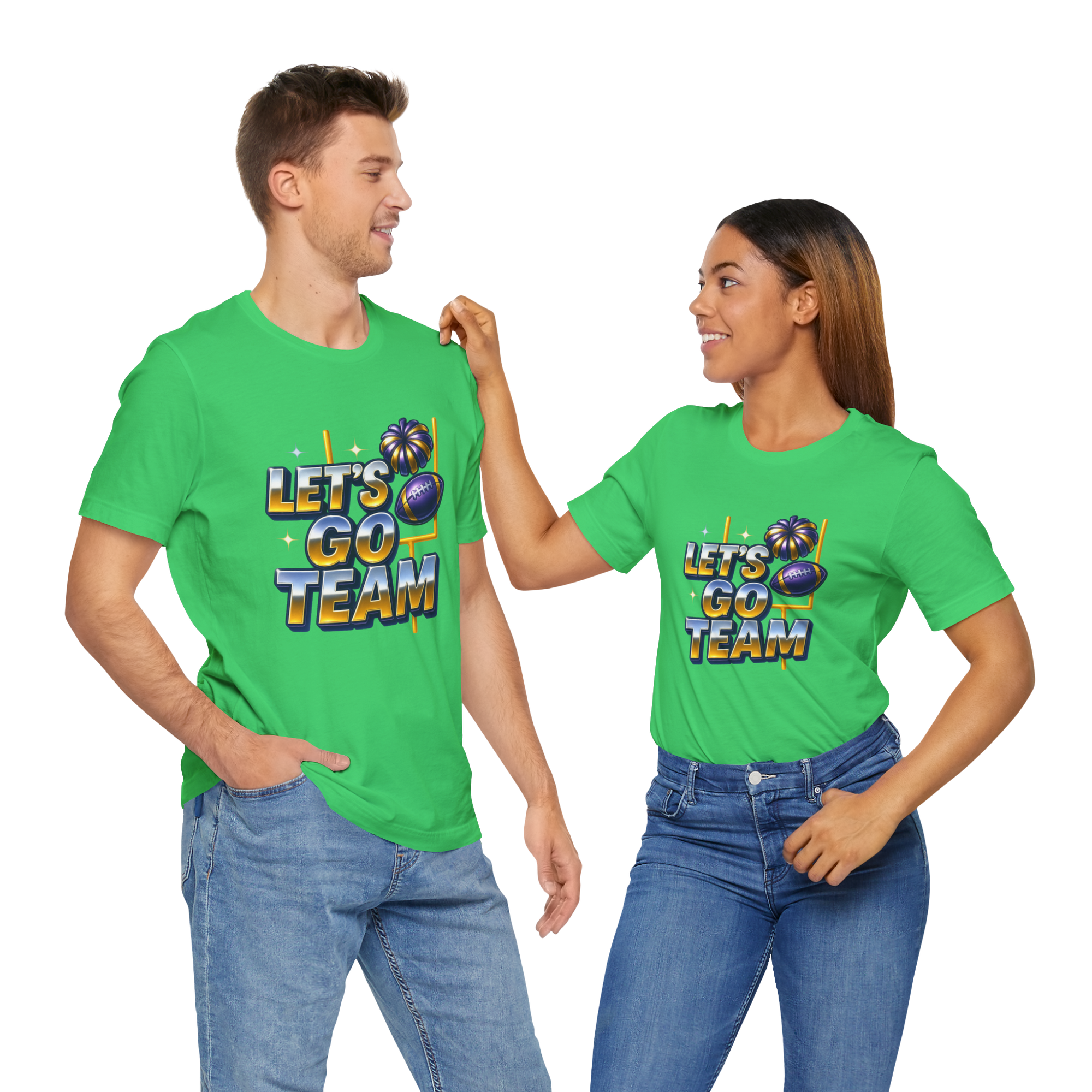 Two people wearing neon green T-shirts with a glowing 'LET’S GO TEAM' logo and sports icons.