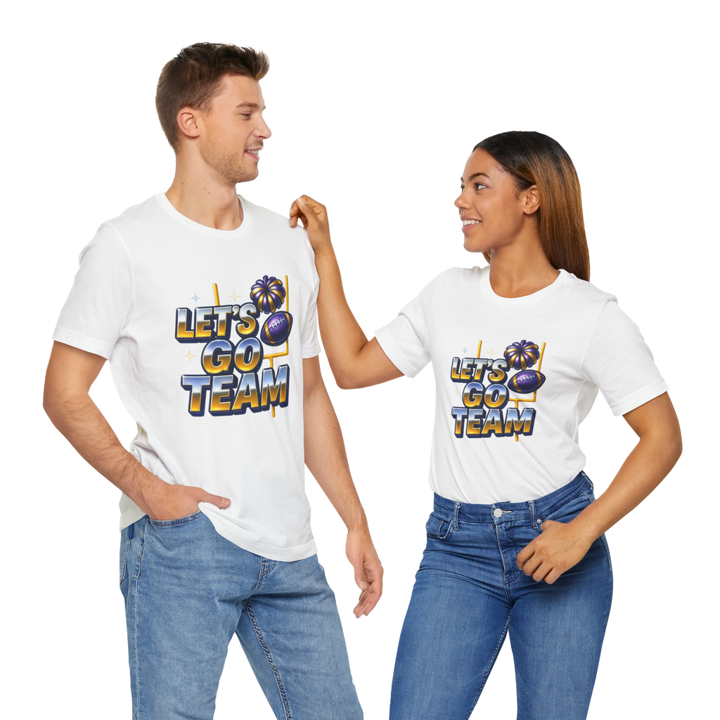 Two people in white tees wear neon glow Let's Go Team design with palm tree and football accents.