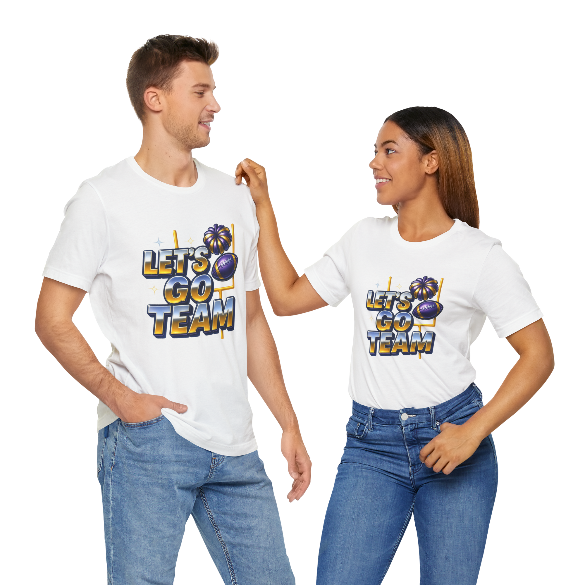 Two people in white tees wear neon glow Let's Go Team design with palm tree and football accents.