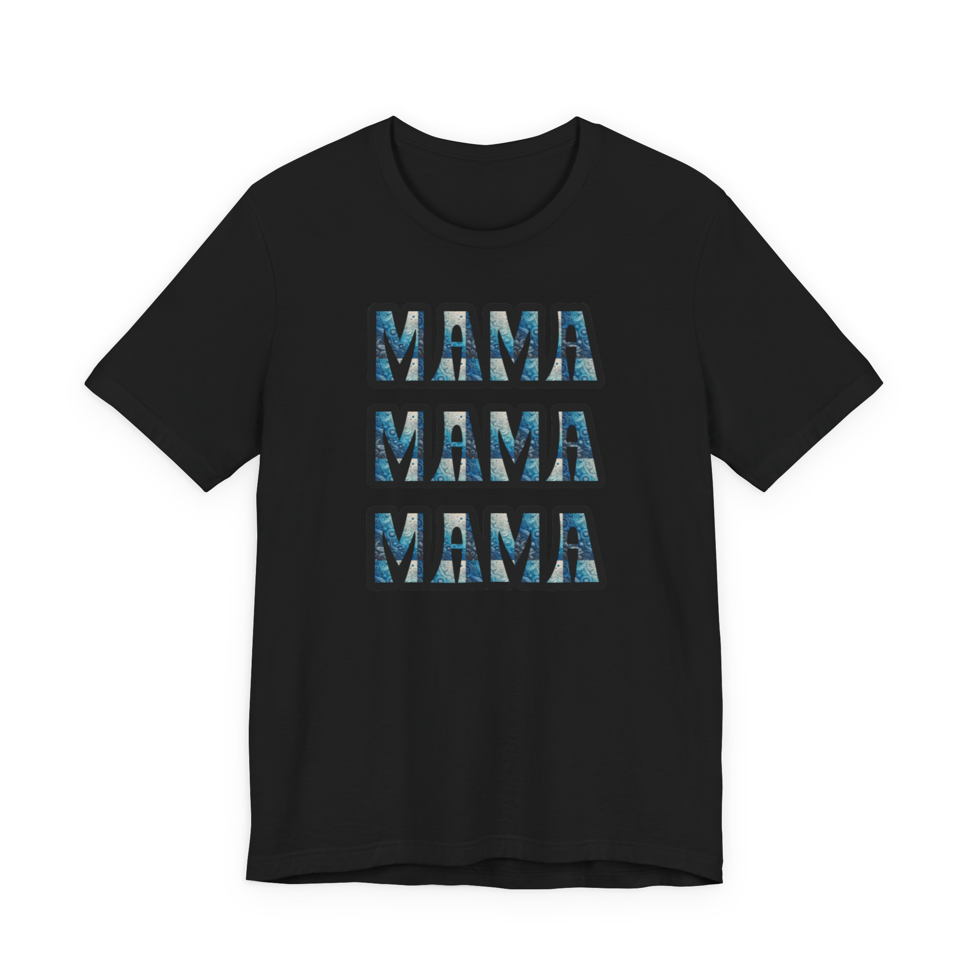 Black graphic tee with four stacked blue-water MAMA blocks.