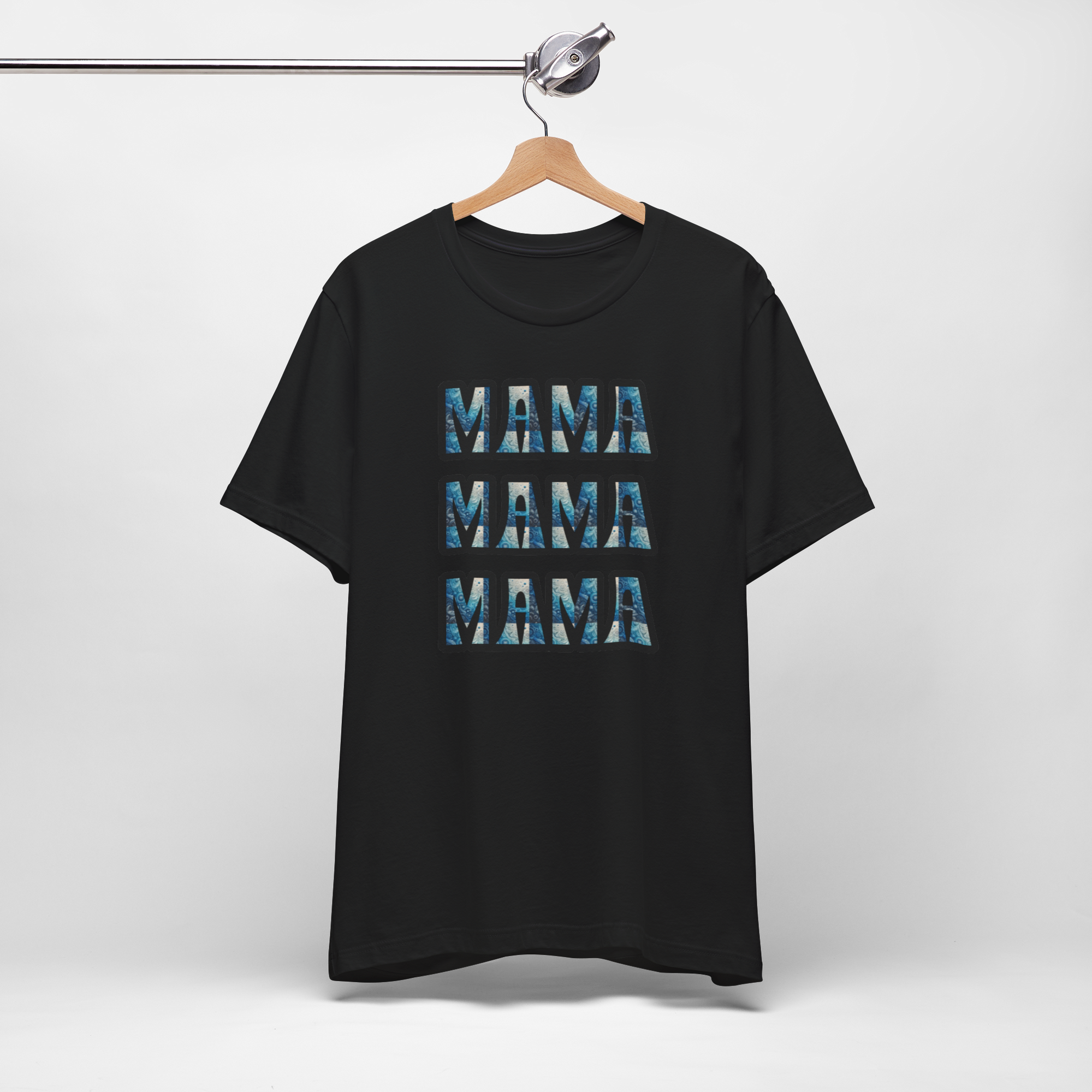 Black T-shirt featuring four stacked blue MAMA blocks forming a Mama Mama Mama graphic.