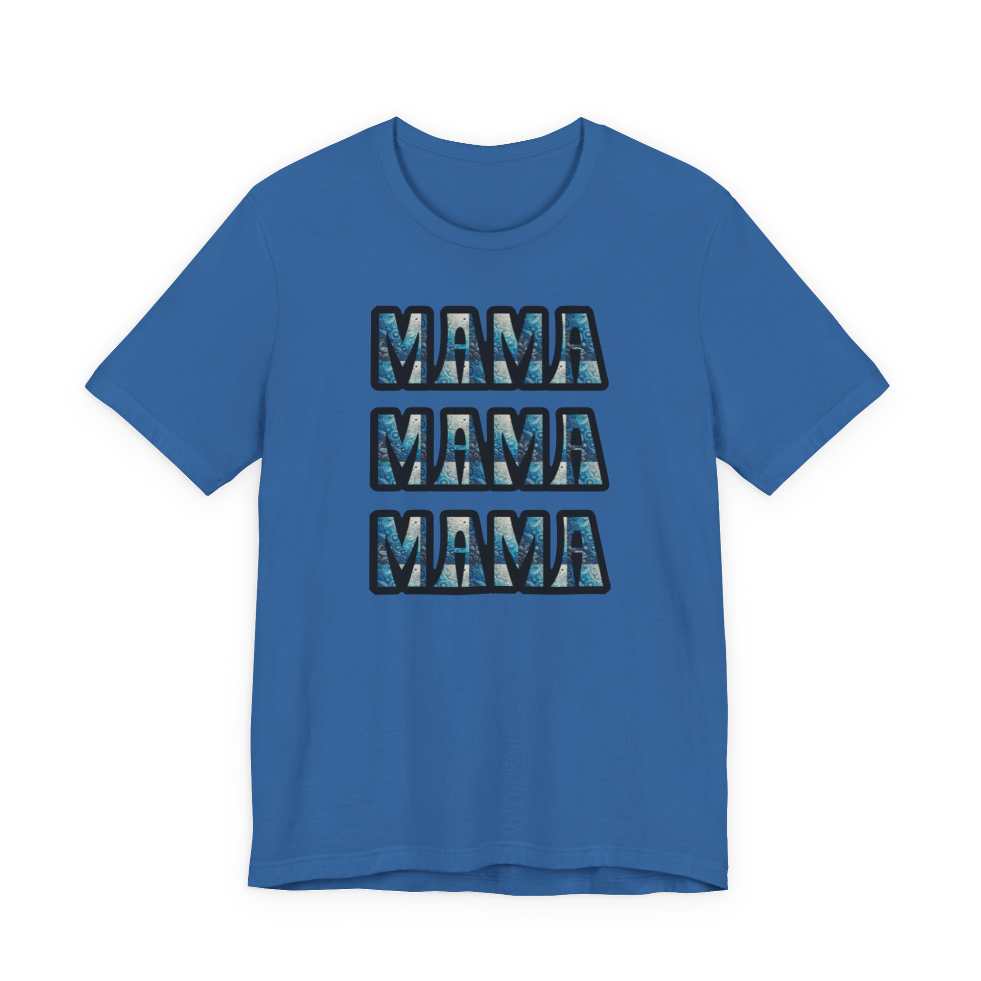 Blue T-shirt featuring four stacked MAMA blocks with a marbled blue texture and bold black outlines.