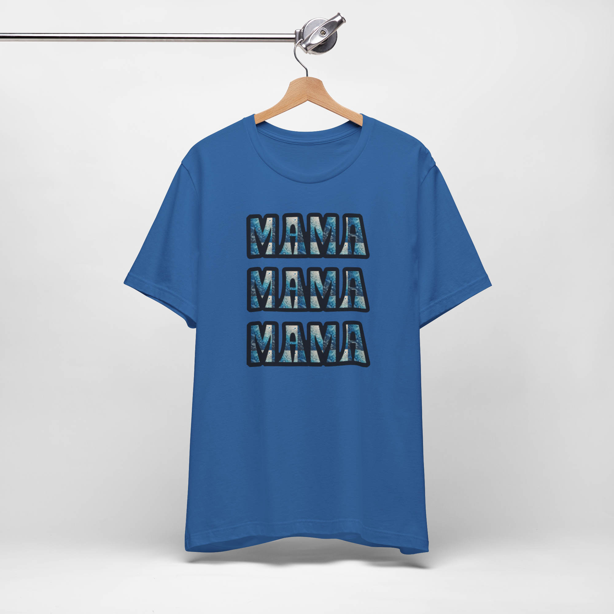 Blue Bella Canvas 3001 premium T-shirt with four stacked MAMA blocks in patterned lettering.