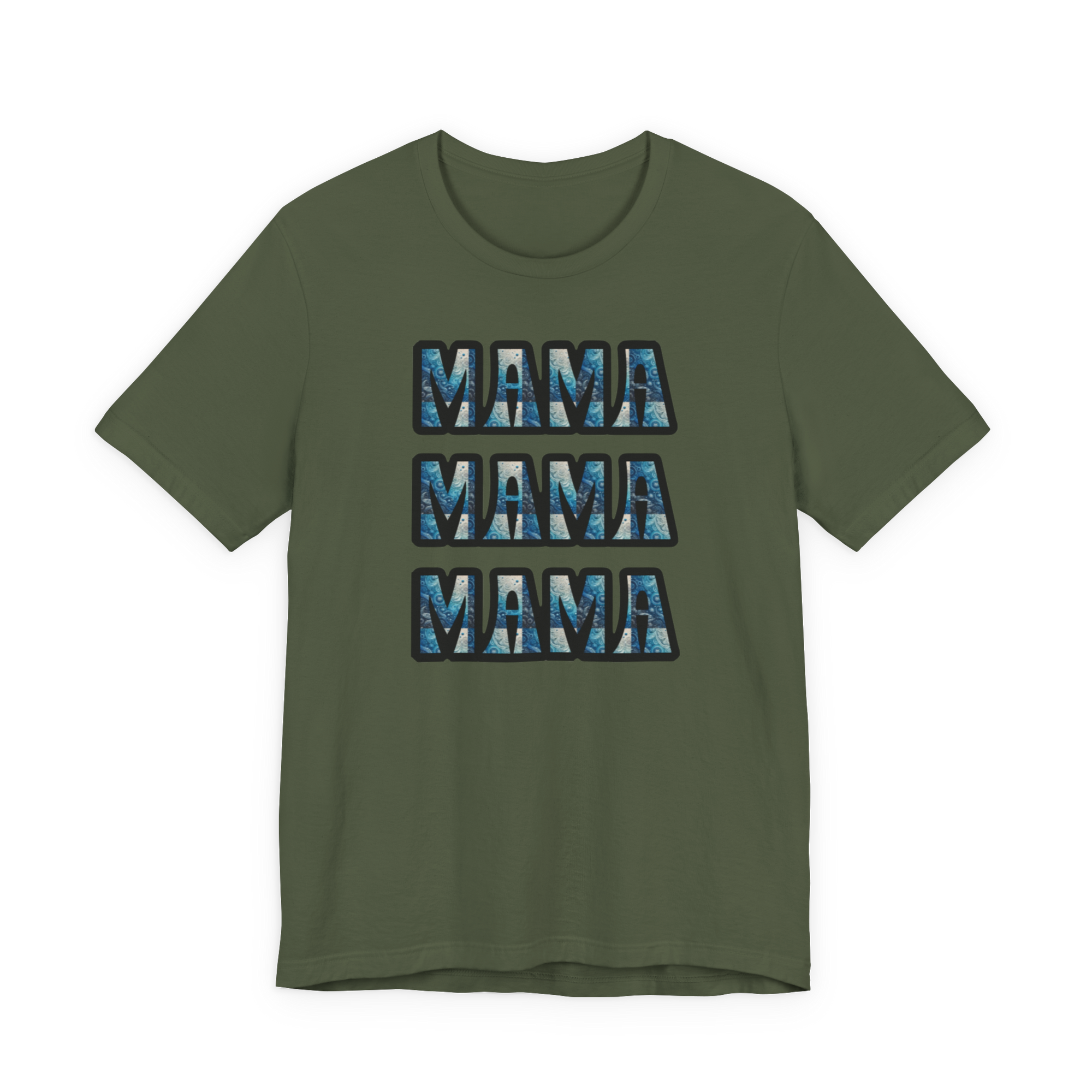 Olive green t-shirt featuring three stacked blue-patterned MAMA blocks forming Mama Mama Mama design.