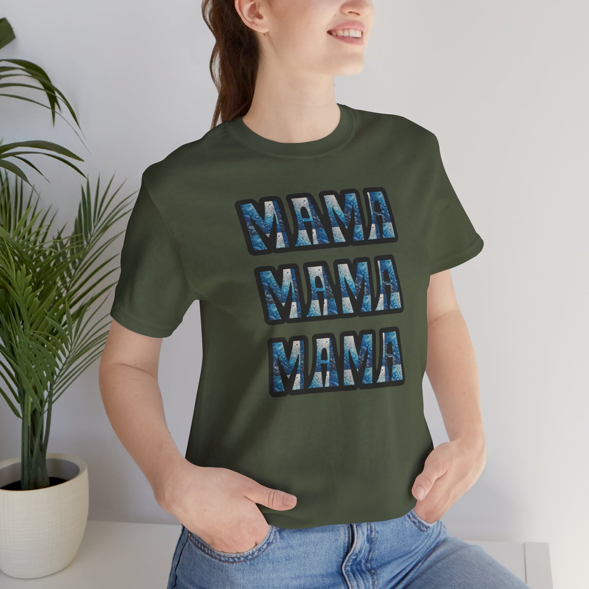 Olive green Mama Mama Mama graphic tee with three stacked blue textured MAMA letters.