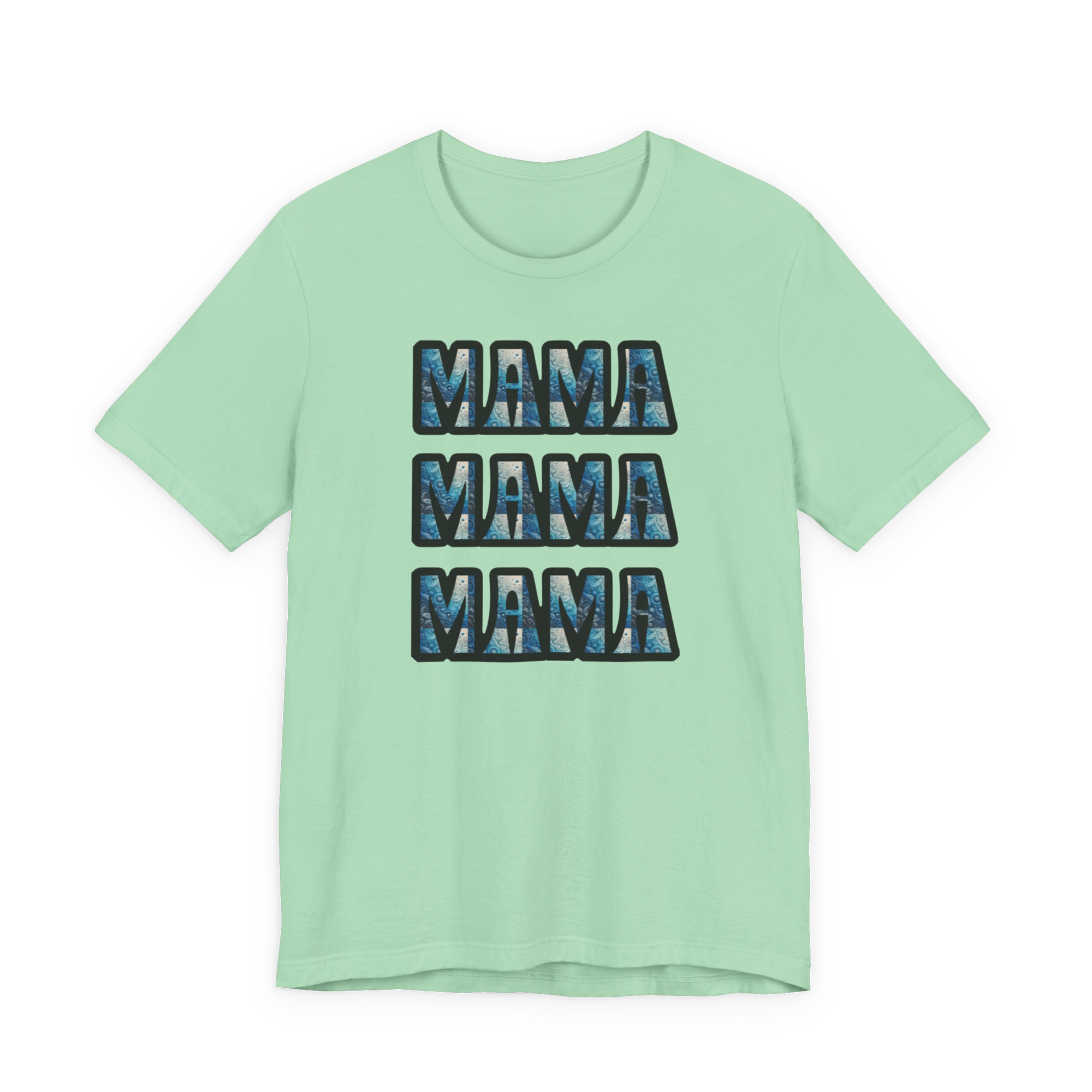 Mint green Mama Mama Mama graphic tee with four stacked MAMA blocks in blue marbled fill.