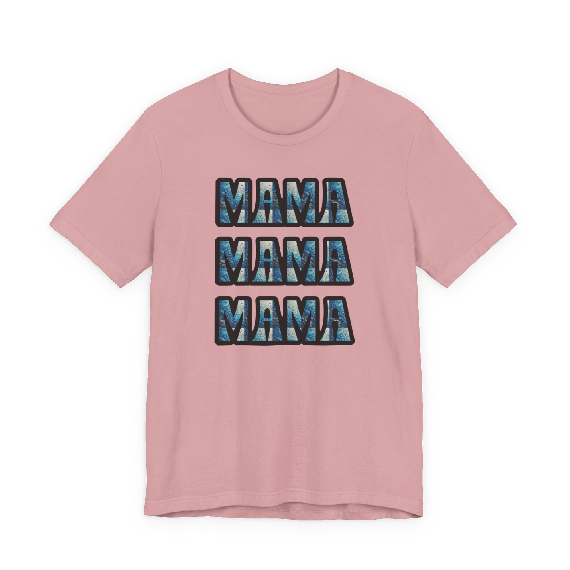 Pink Mama Mama Mama graphic tee with three blue-patterned MAMA blocks on front.