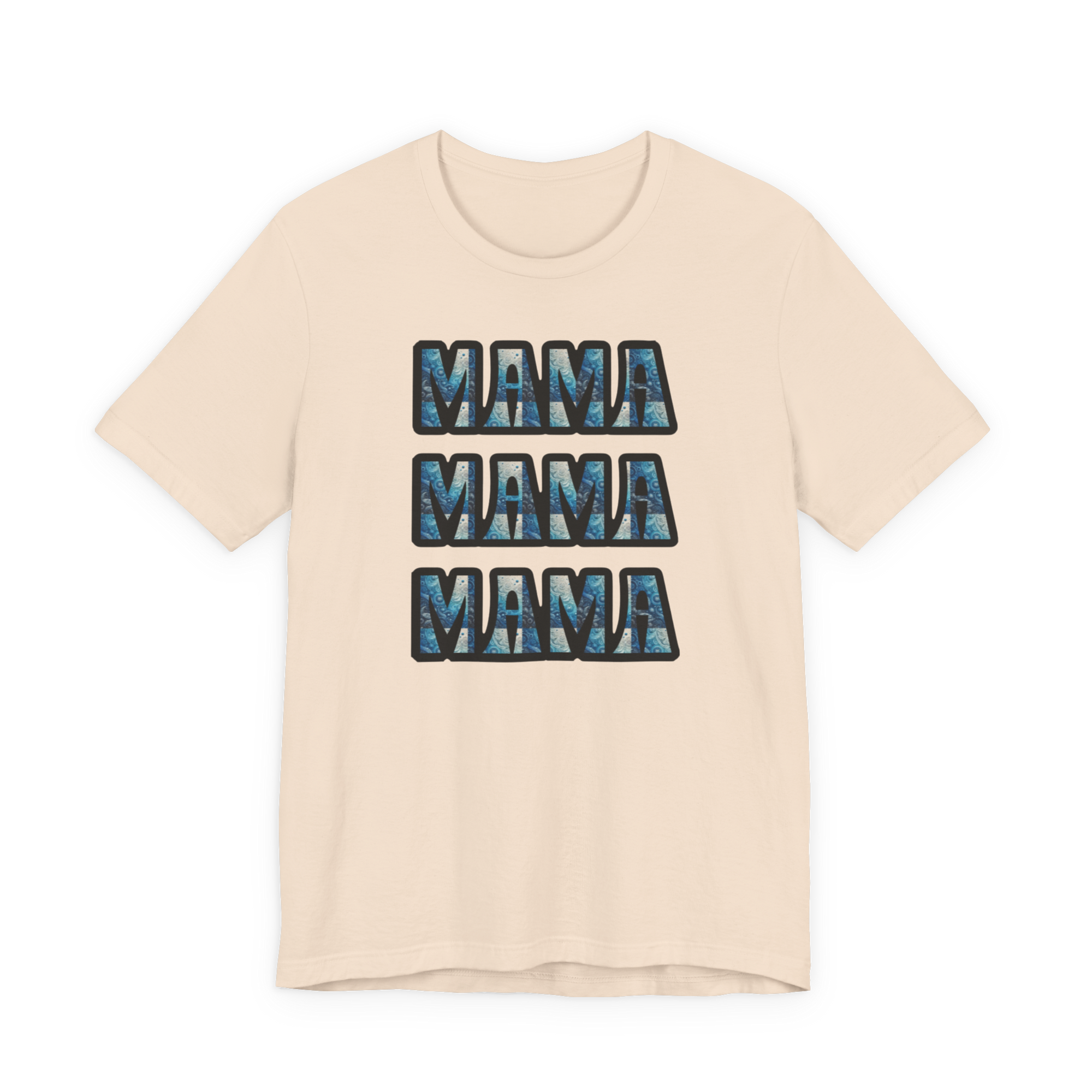 Beige Mama Mama Mama graphic tee featuring three stacked MAMA blocks in blue marbled pattern with black outlines.