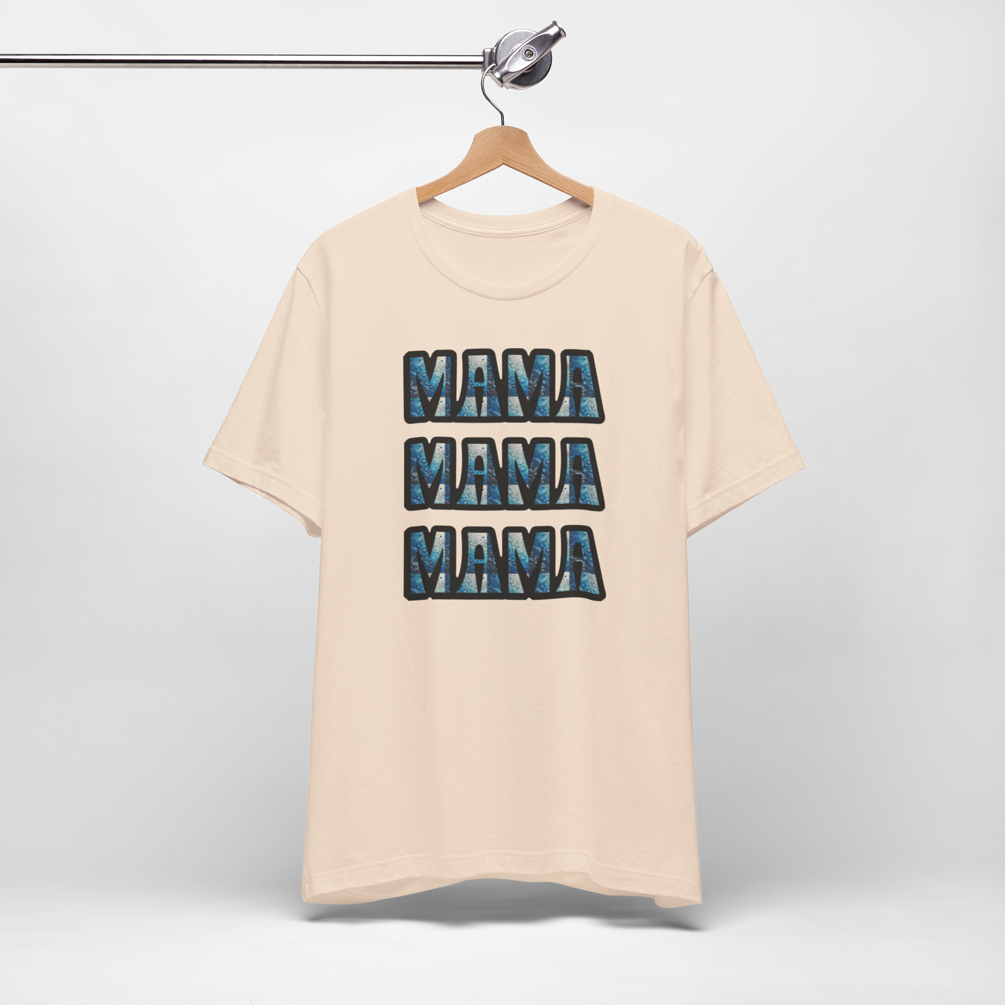 Cream Mama Mama Mama graphic tee with four stacked blue MAMA blocks on front, Bella Canvas 3001.