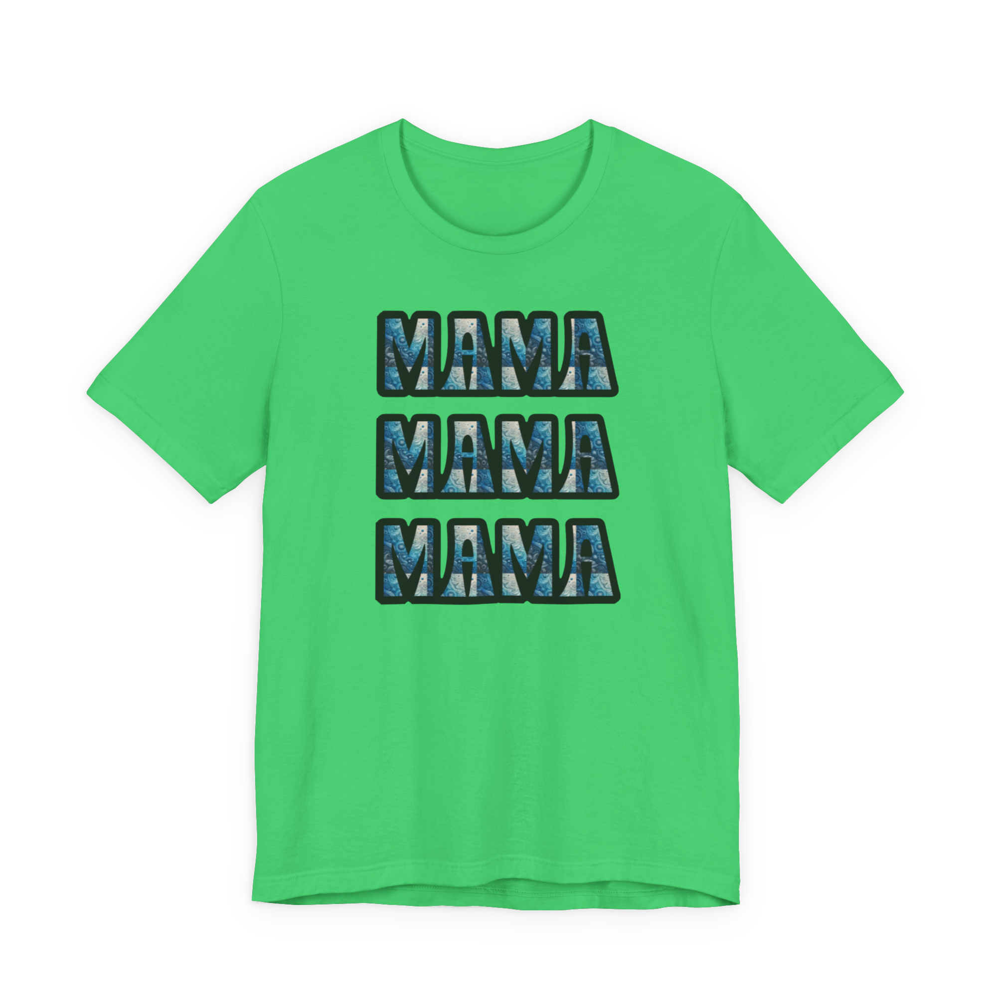 Bright green Mama Mama Mama graphic tee with three stacked MAMA blocks on Bella Canvas 3001 premium