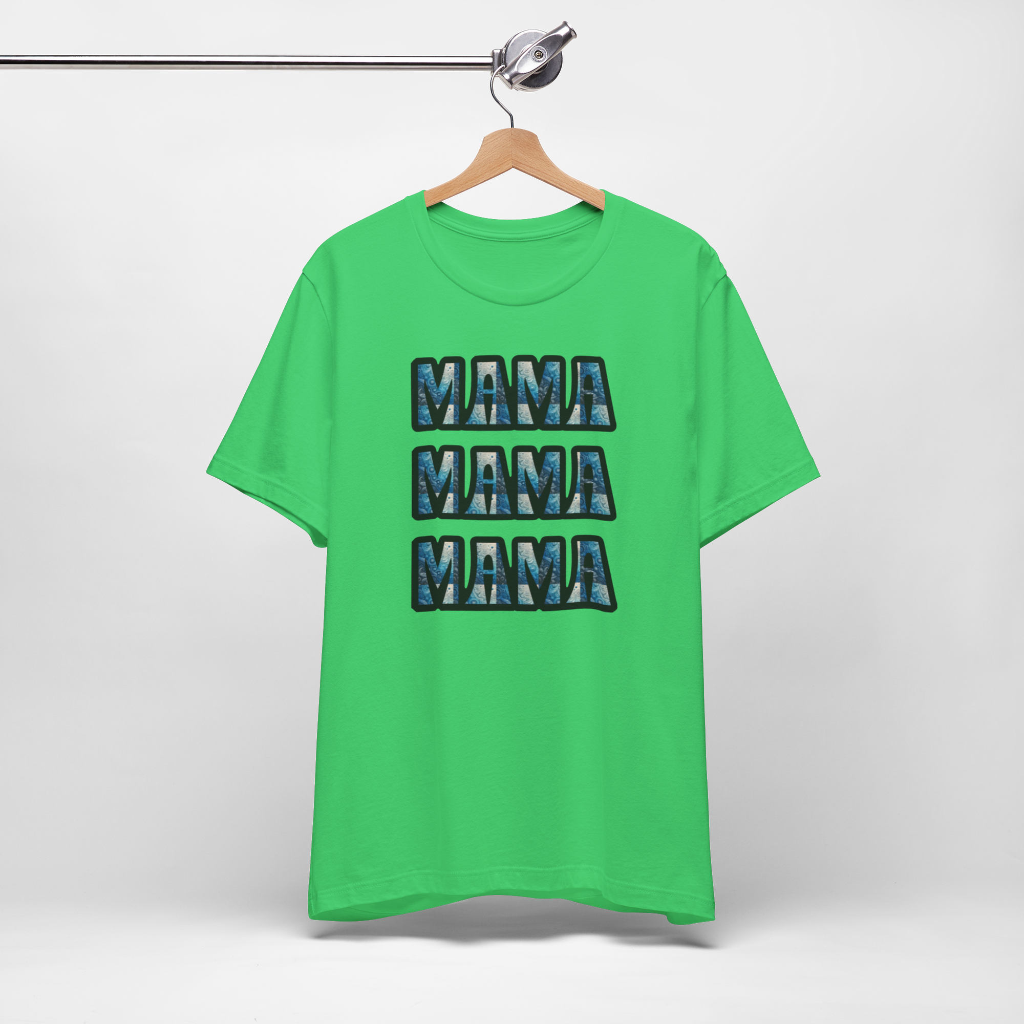 Mama Mama Mama graphic tee in bright green with stacked blue-patterned MAMA text.