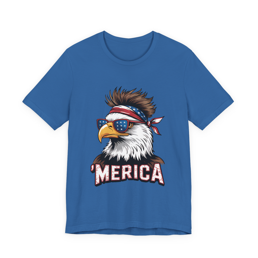Blue unisex t-shirt featuring a patriotic eagle with star-spangled sunglasses and a bandana, MERICA text.