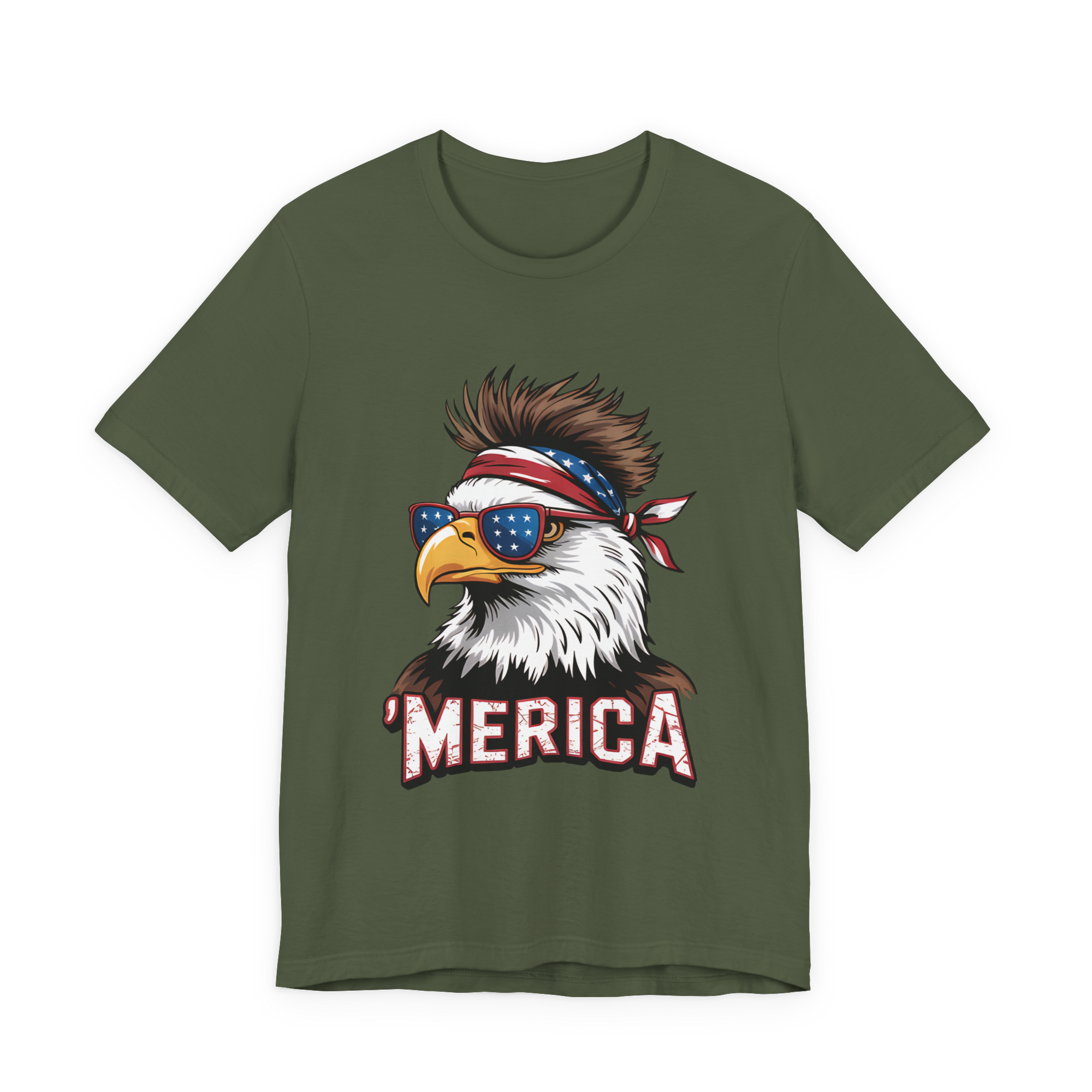 D&L Merica Eagle Bella Canvas unisex tee in green with a bald eagle graphic, patriotic bandana and MERICA text