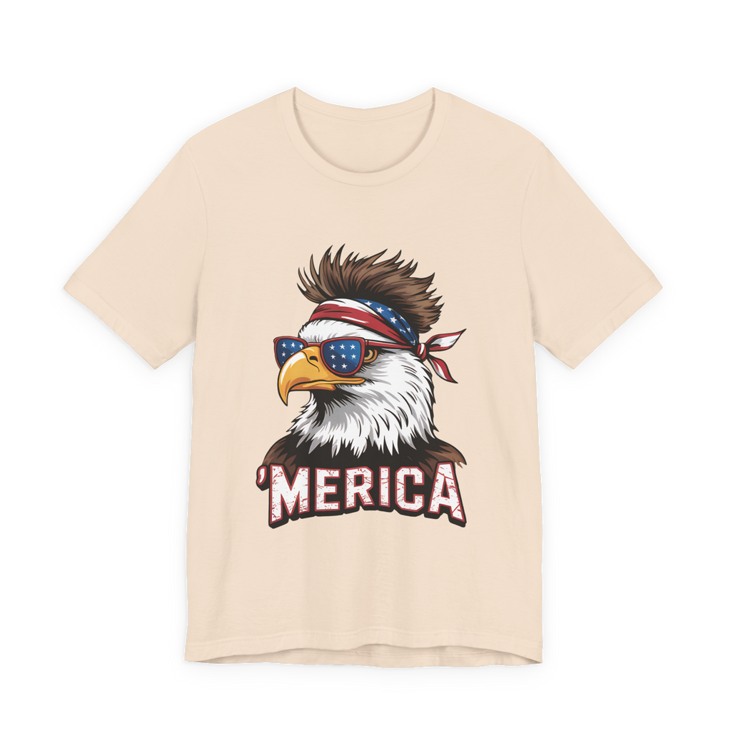 Graphic tee featuring a bald eagle wearing star-spangled sunglasses and a bandana with MERICA text.