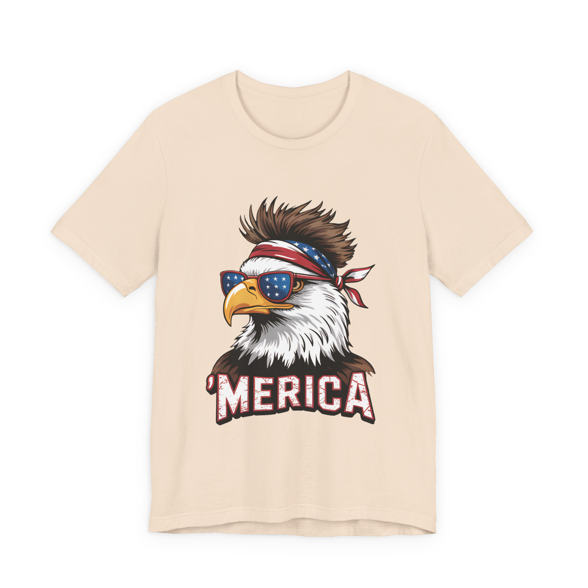 Graphic tee featuring a bald eagle wearing star-spangled sunglasses and a bandana with MERICA text.