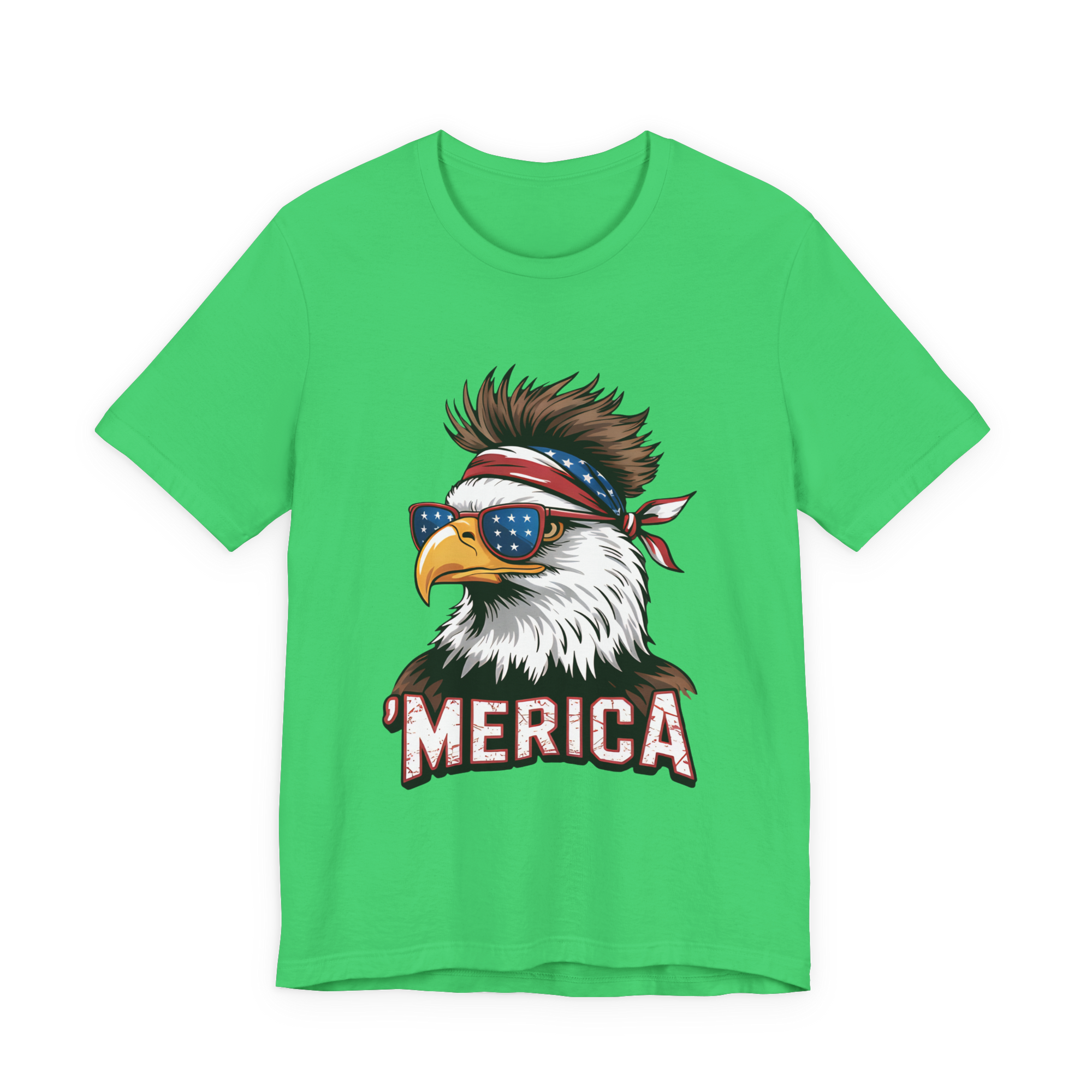 Merica Eagle graphic on a green Bella Canvas tee featuring a bandana-wearing eagle, star-spangled sunglasses, MERICA.