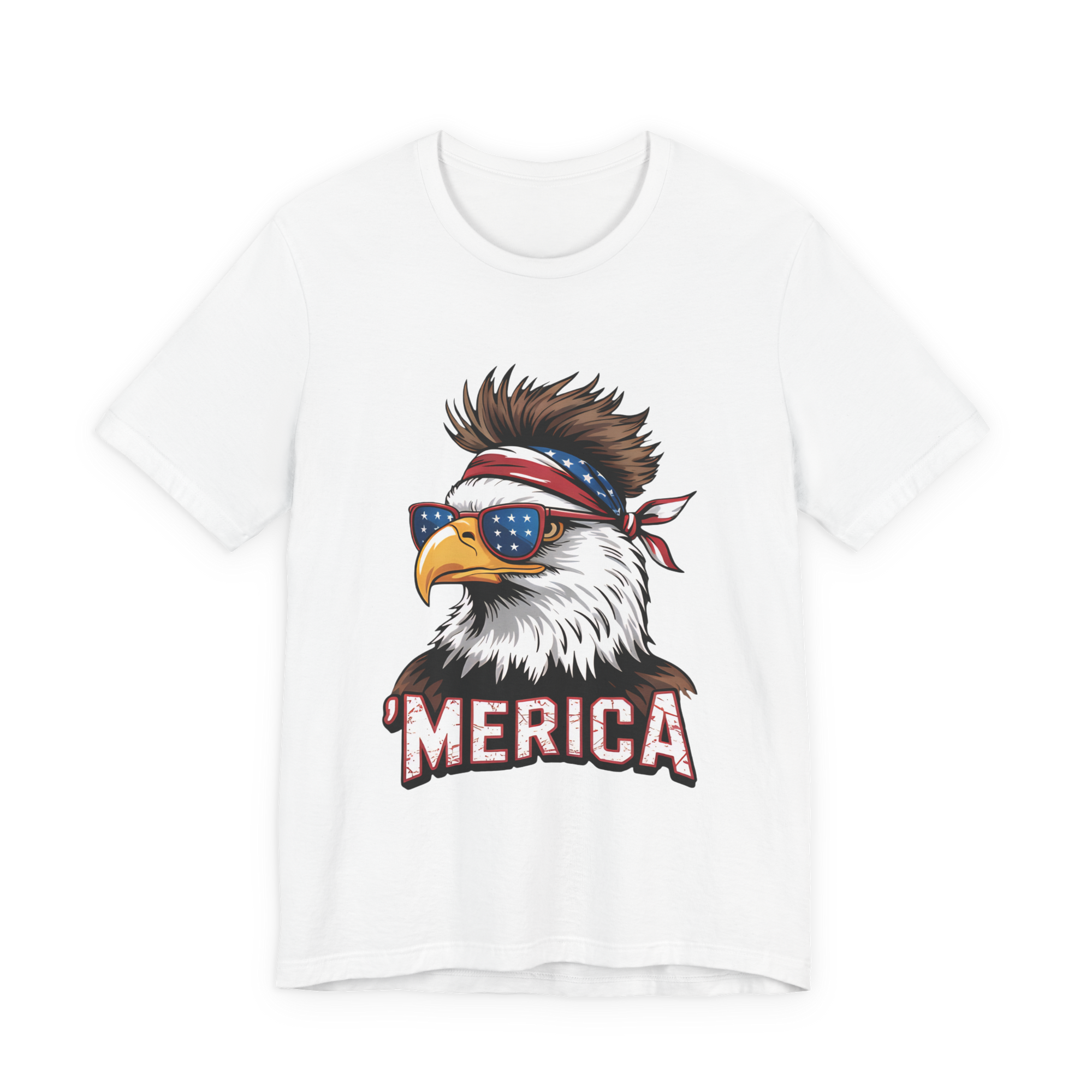 White Bella Canvas tee featuring a patriotic eagle with star-spangled sunglasses and MERICA lettering.