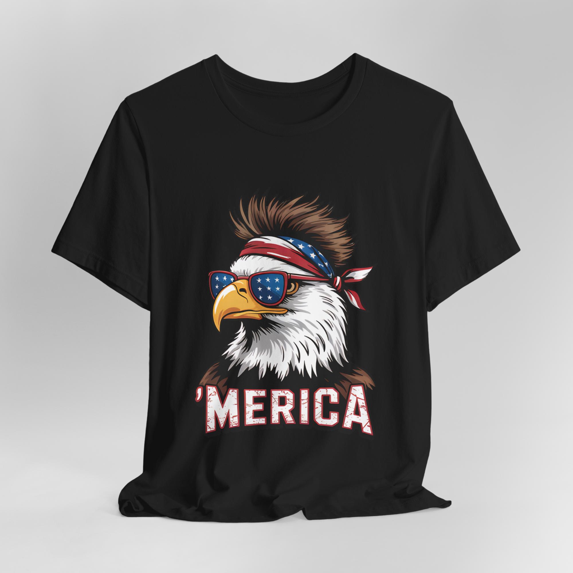 Merica Eagle Bella Canvas T-shirt on black, eagle graphic with star-spangled sunglasses and MERICA text.