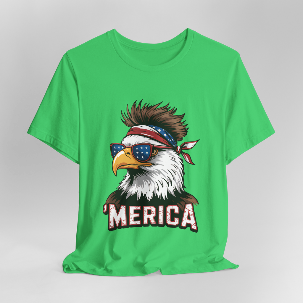 Bright green T-shirt with a Merica eagle wearing star-spangled sunglasses and a red-white-blue bandana, MERICA text.