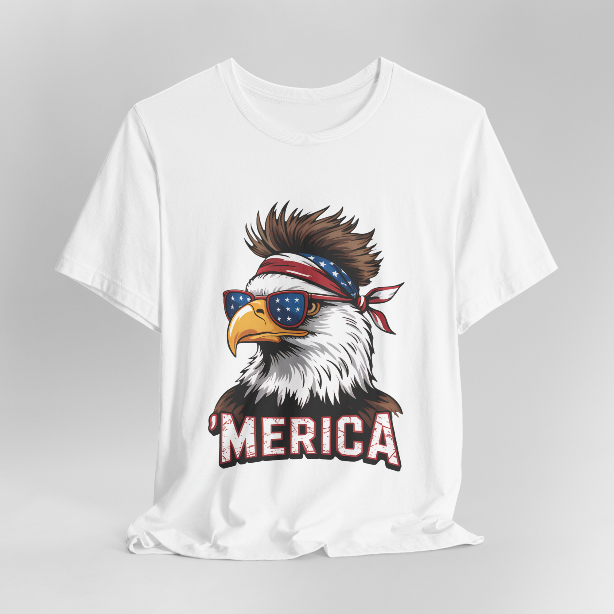 D&L Merica Eagle Bella Canvas tee featuring a patriotic eagle with bandana, star sunglasses, and MERICA lettering.
