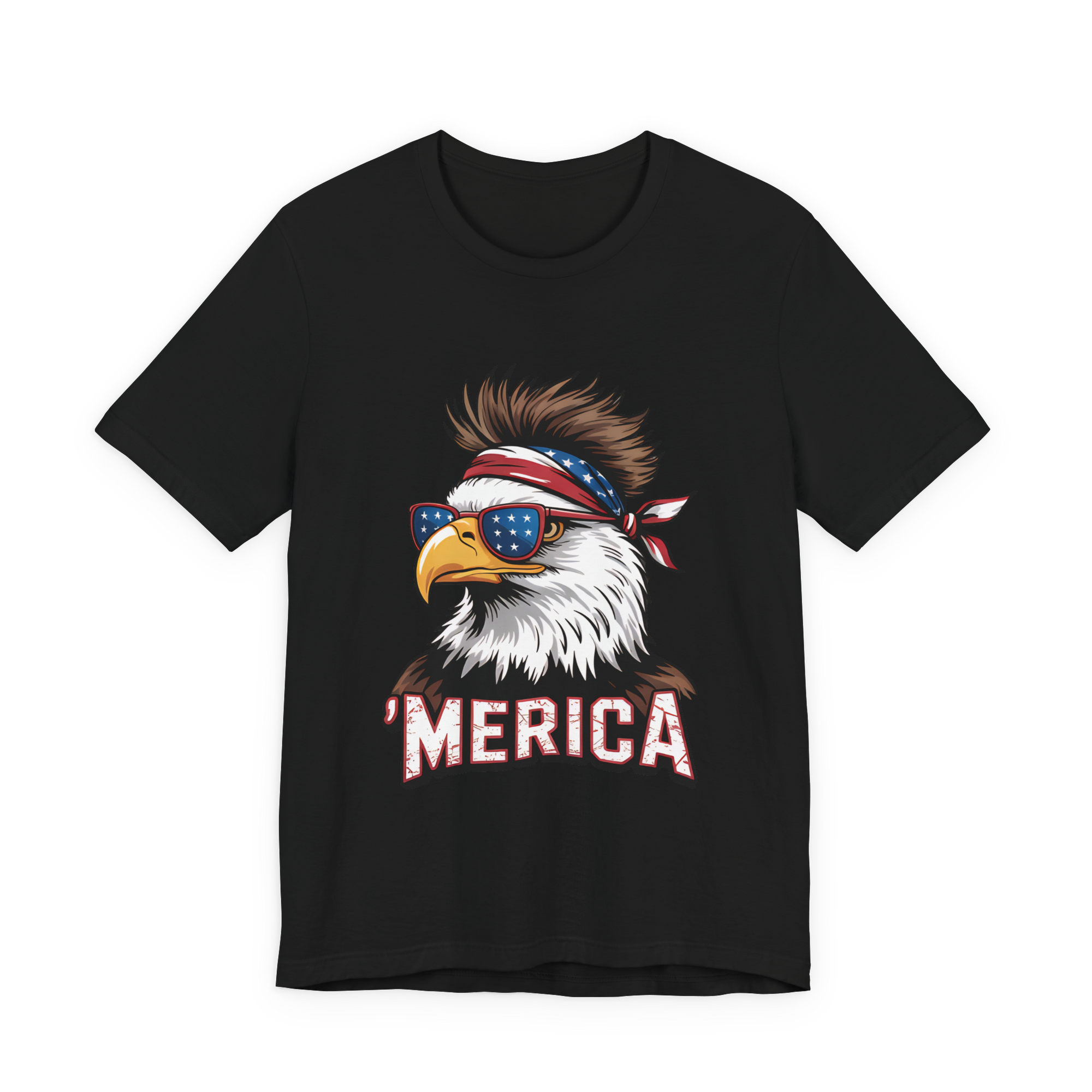 Merica Eagle Bella Canvas T-shirt on black unisex tee with eagle graphic, bandana, sunglasses, MERICA text.
