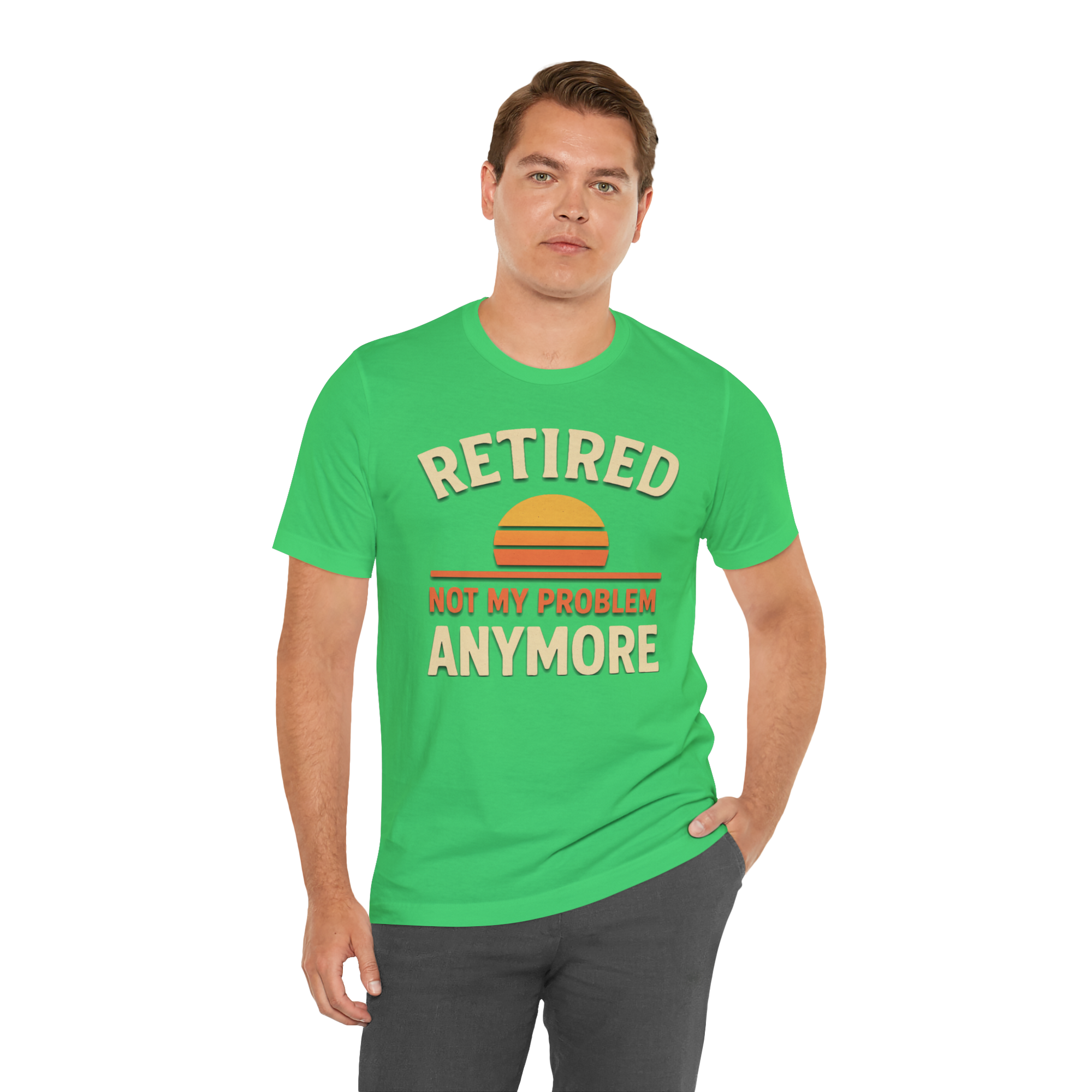 Man wearing a bright green t shirt with Retired Not My Problem Anymore and a retro sunset graphic.