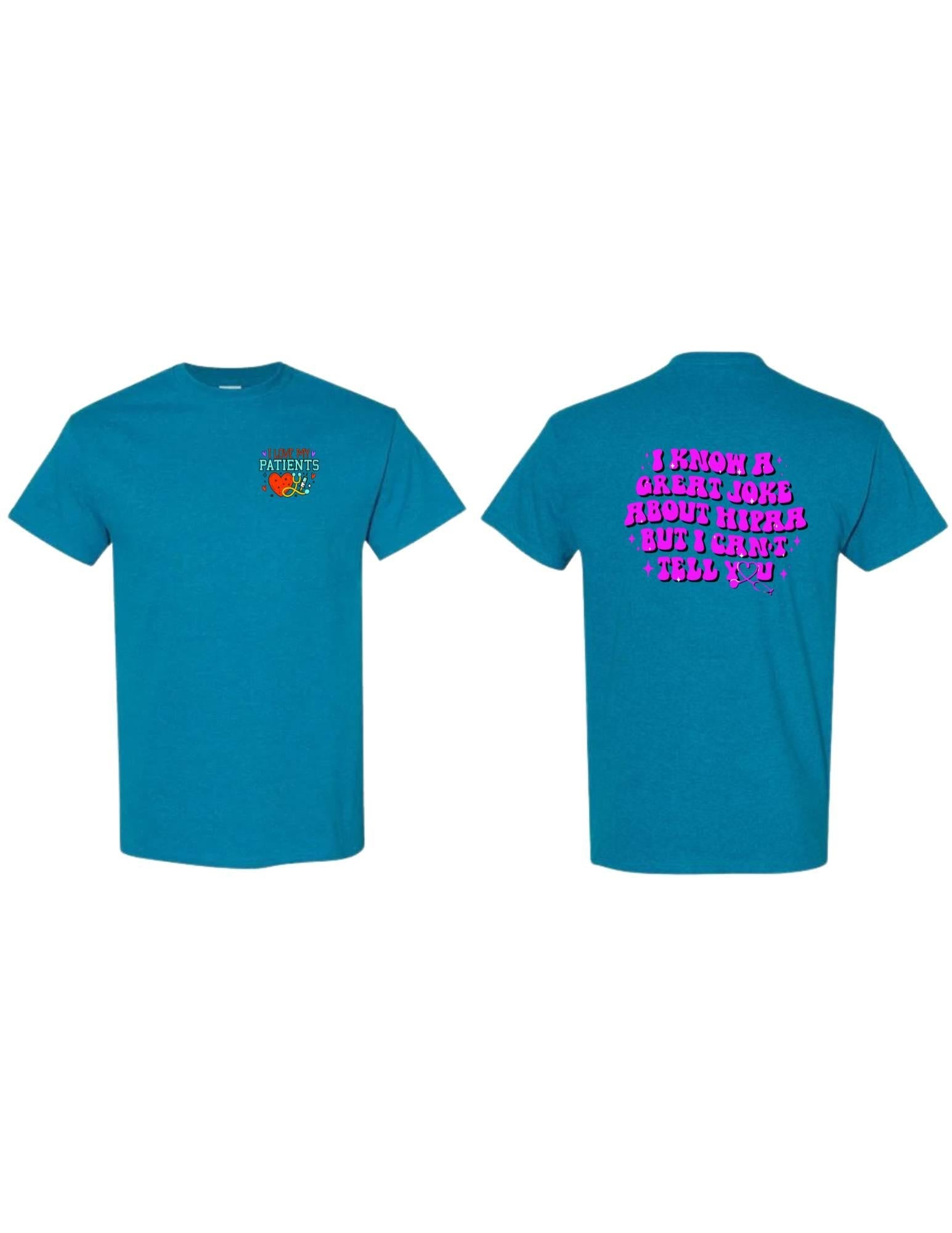 Blue t-shirt with text on the front and back on a white background