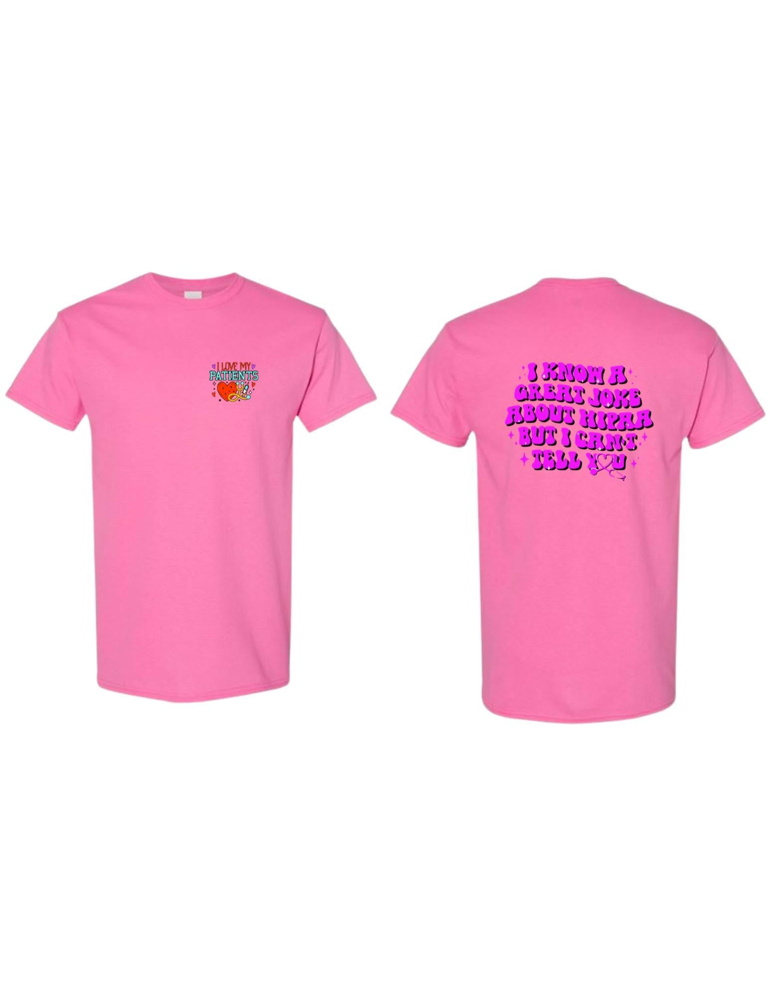 Pink t-shirt with text on the front and back on a white background
