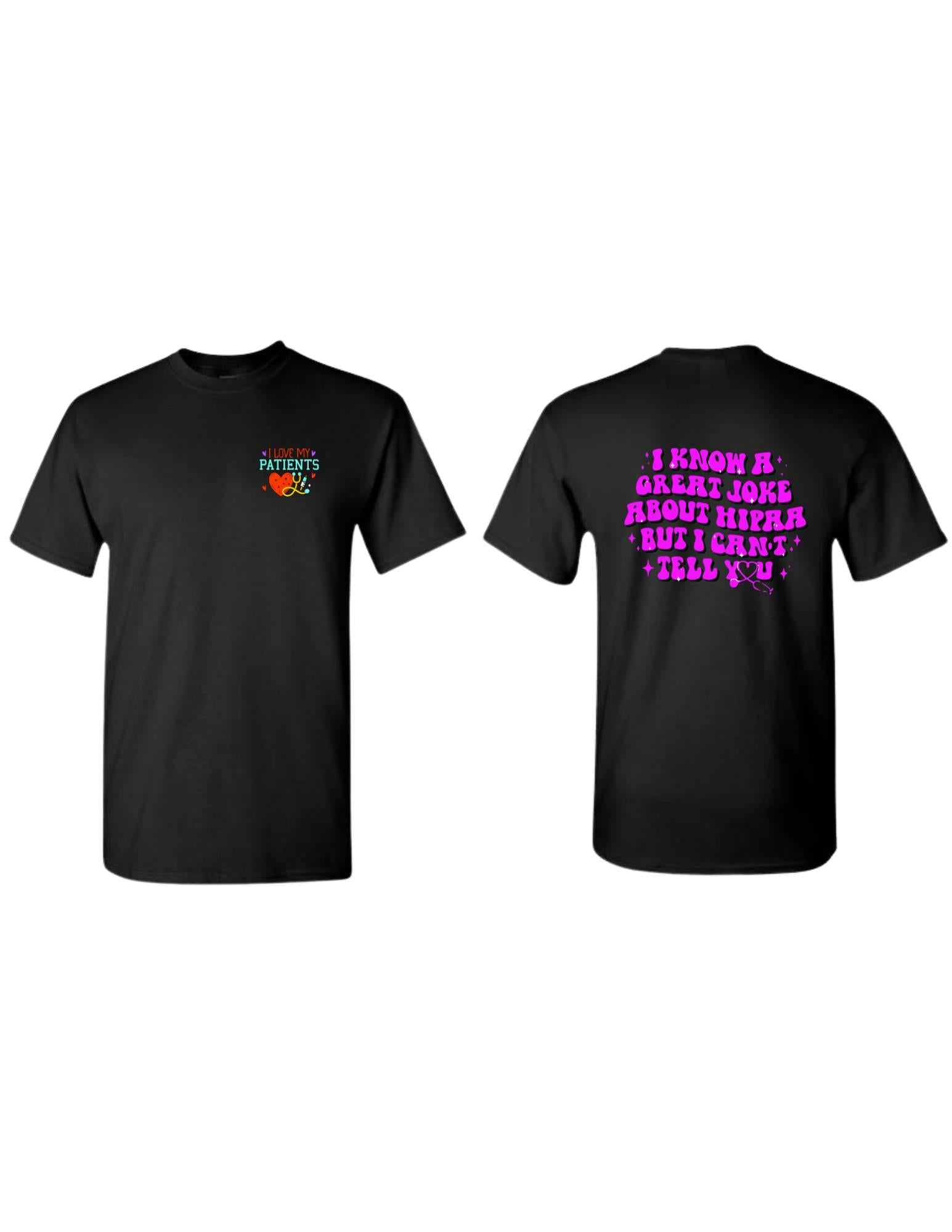 Black t-shirt with text on front and back on a white background