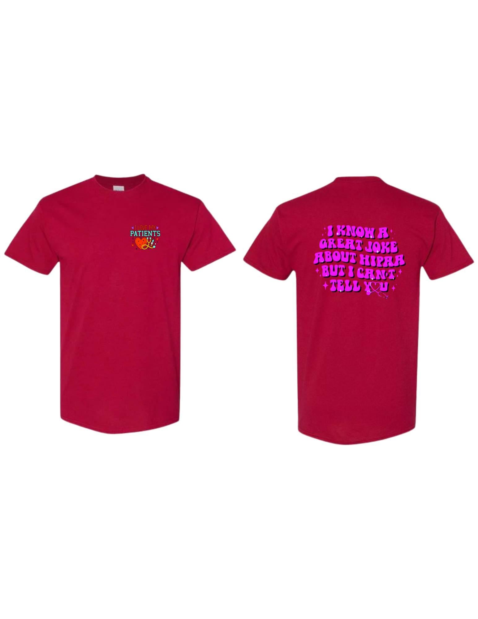 Red t-shirt with text on the front and back on a white background