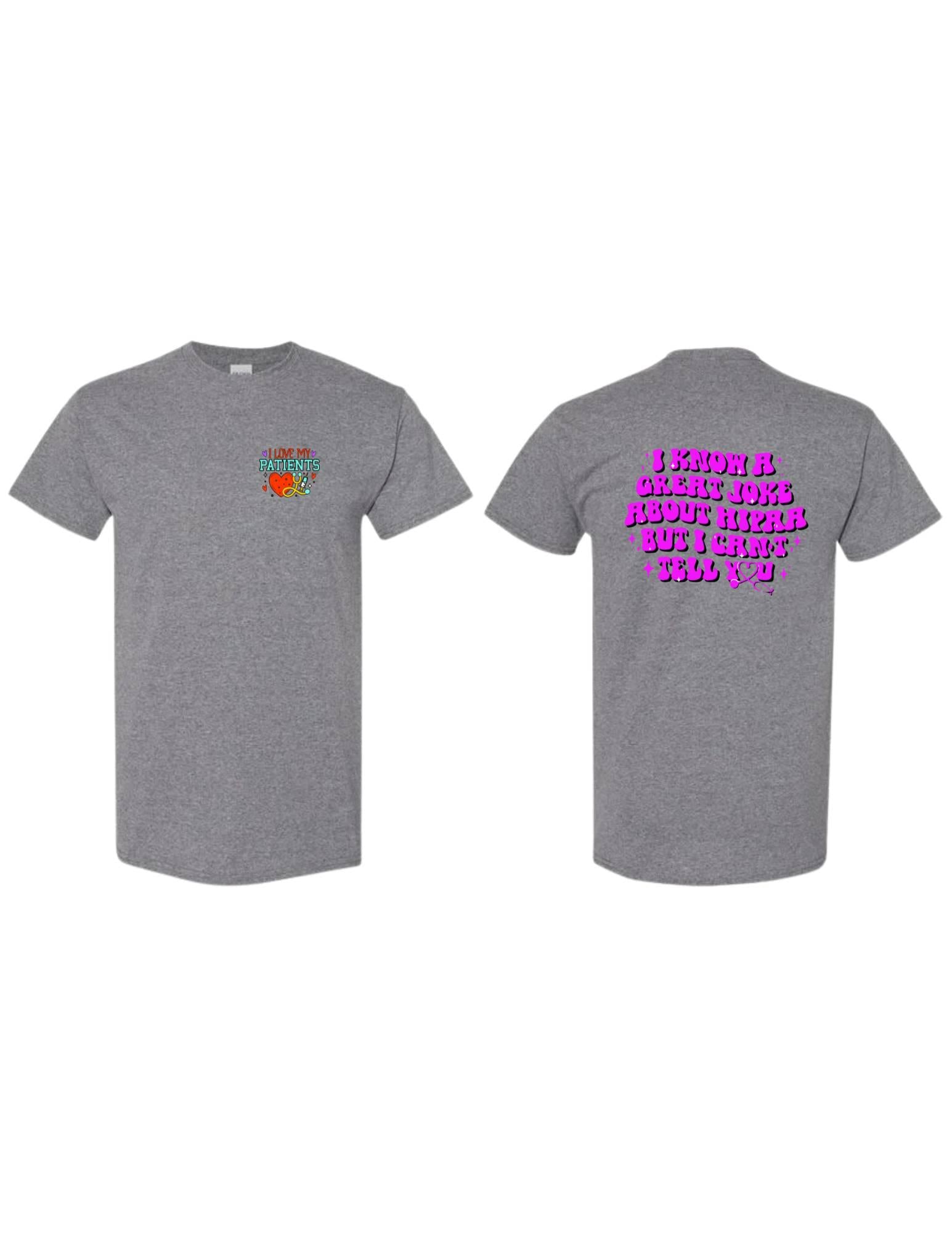 Gray t-shirt with colorful design on the front and text on the back, on a white background