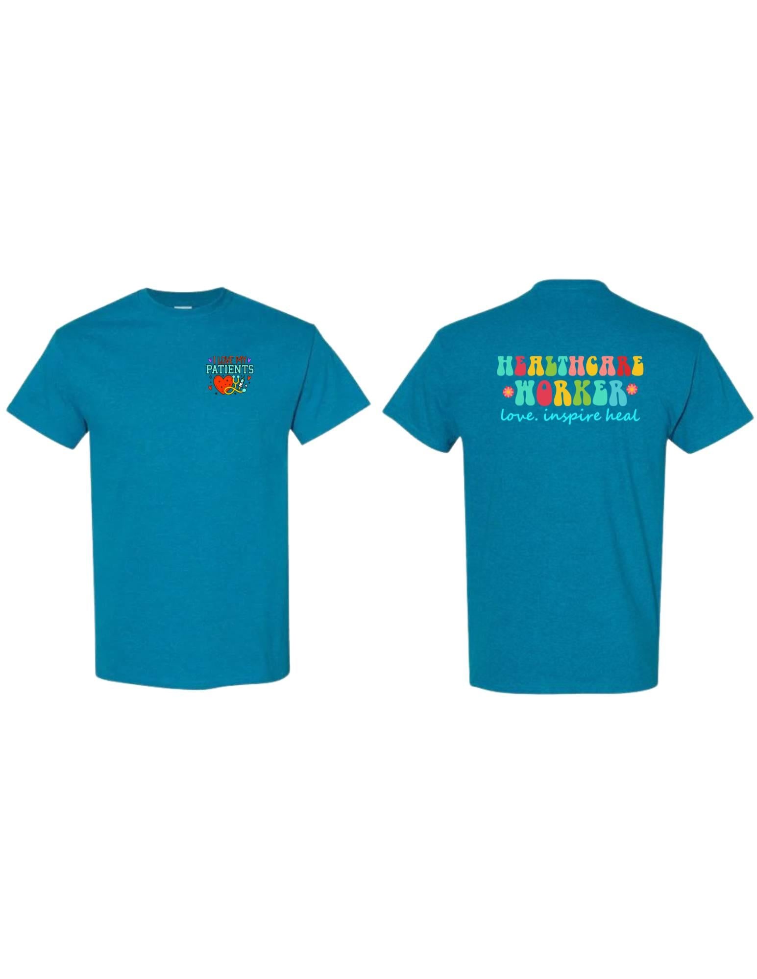 Blue t-shirt with colorful text on a white background