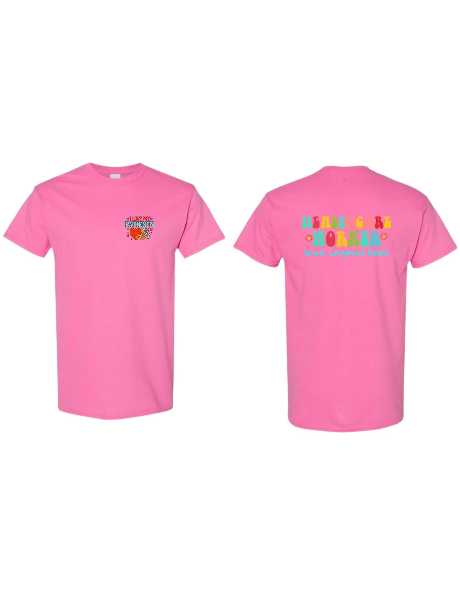 Pink t-shirt with text on the front and back on a white background