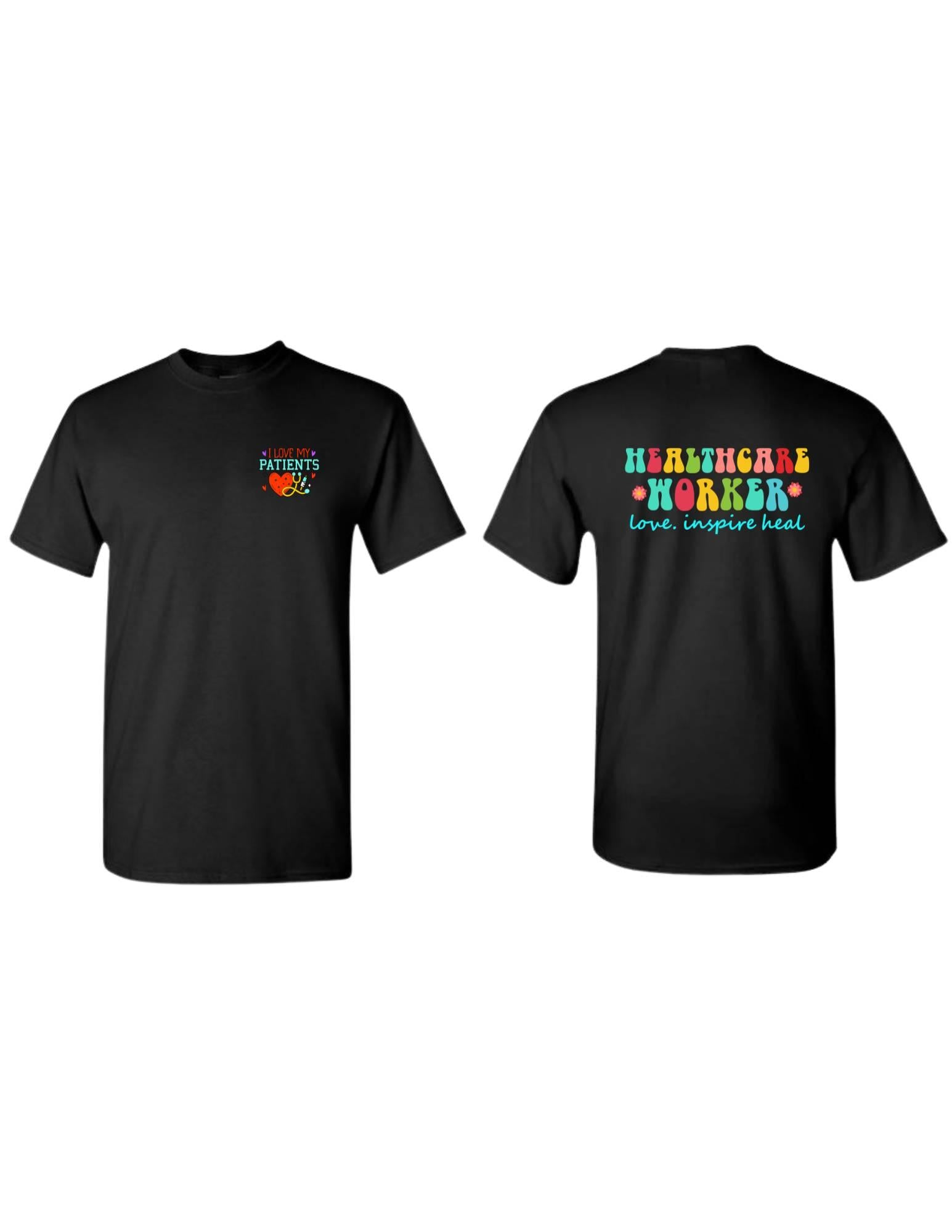 Black t-shirt with colorful text on a white background