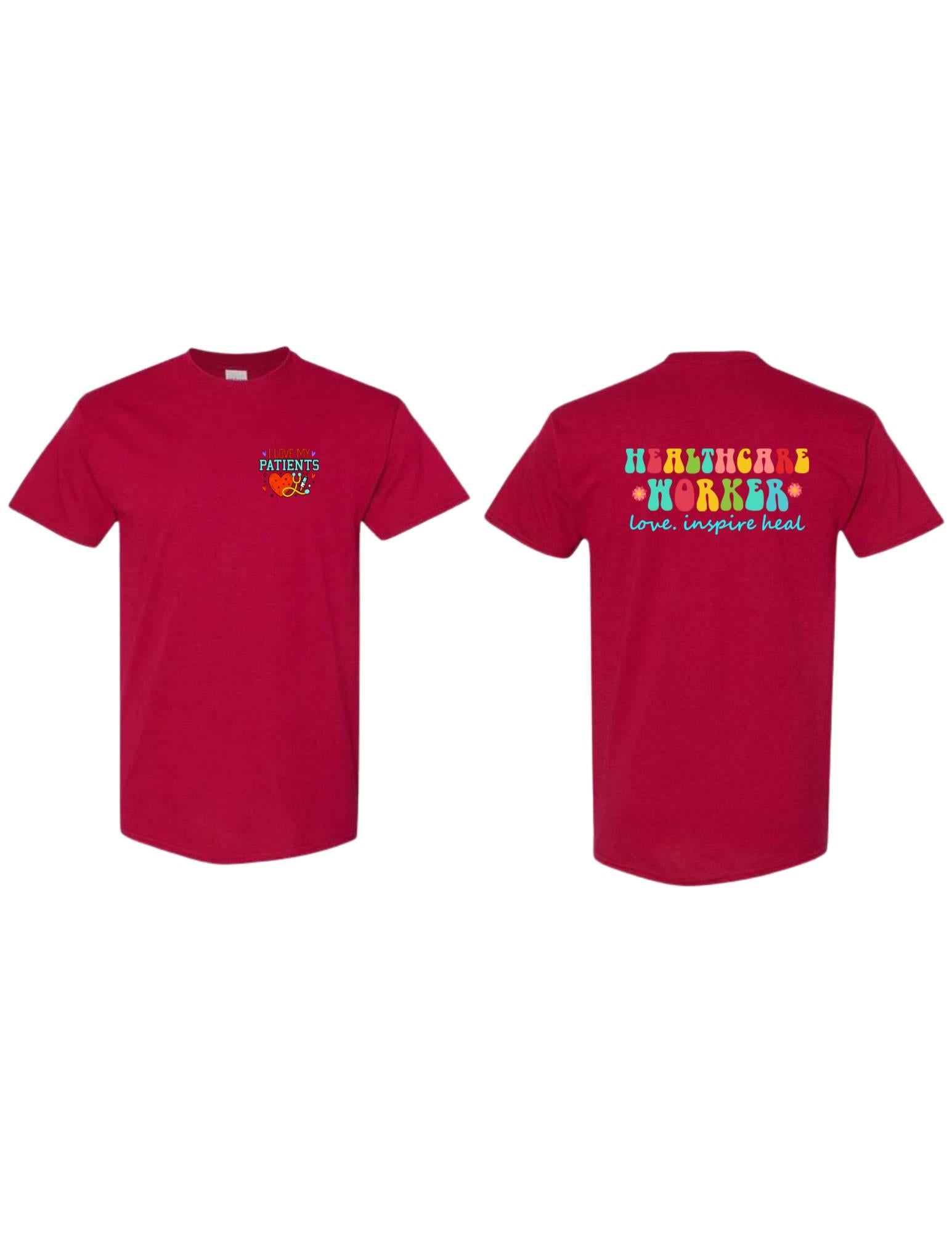 Red t-shirt with colorful text on the front and back on a white background