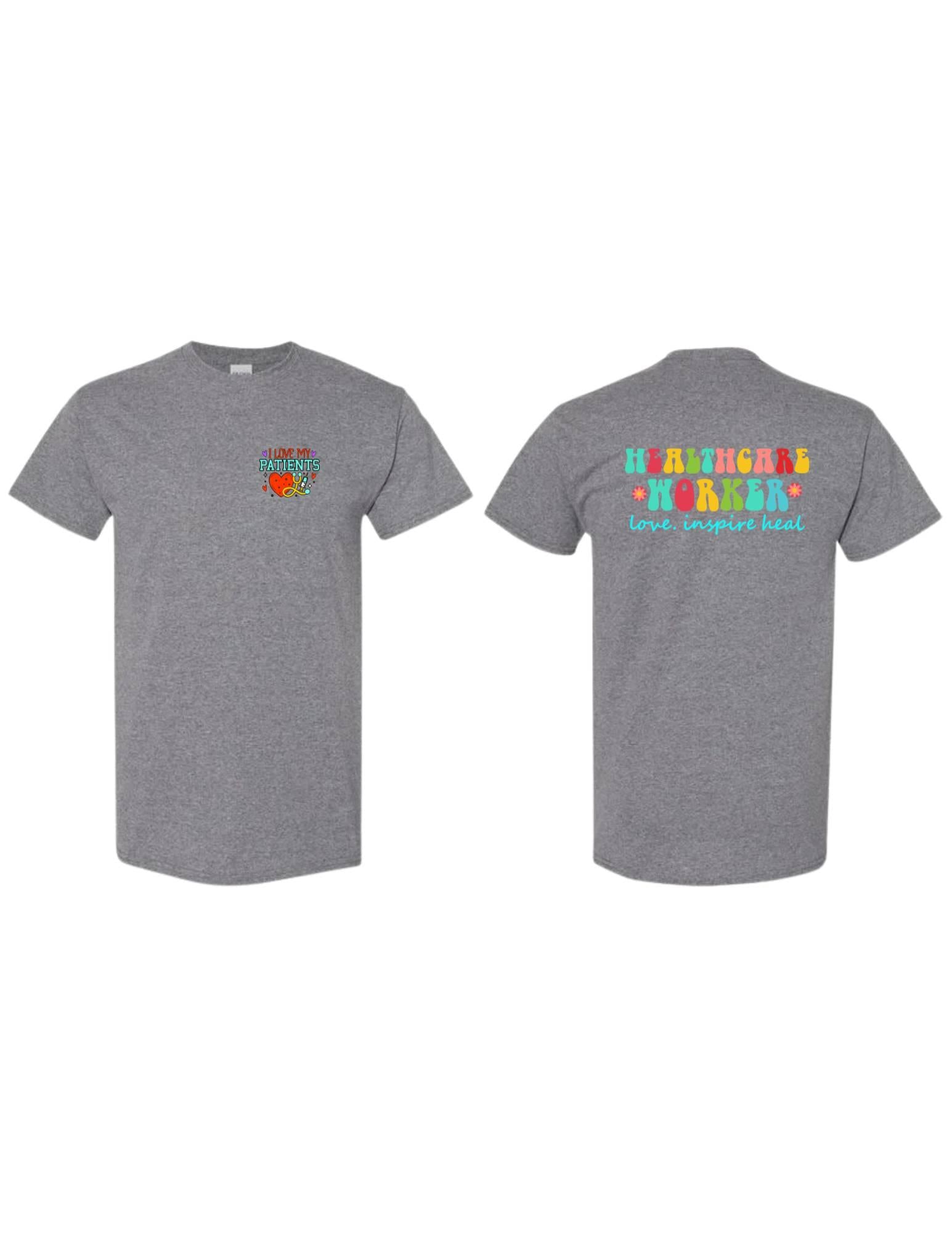 Gray t-shirt with colorful text on a white background