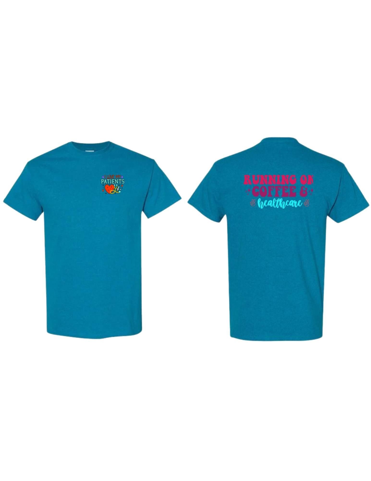 Blue t-shirt with text and graphics on the front and back on a white background