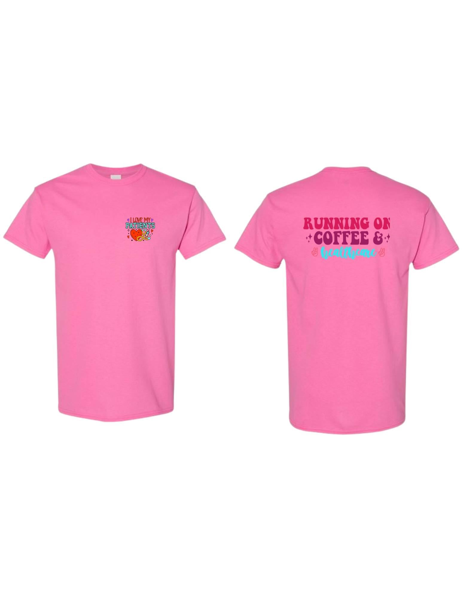 Pink t-shirt with text on the front and back on a white background