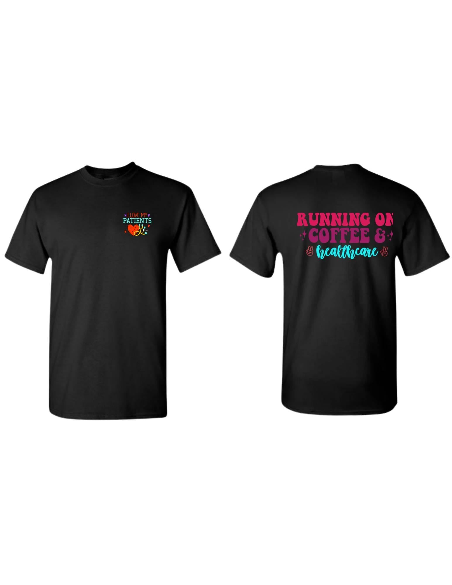Black t-shirt with text on front and back on a white background
