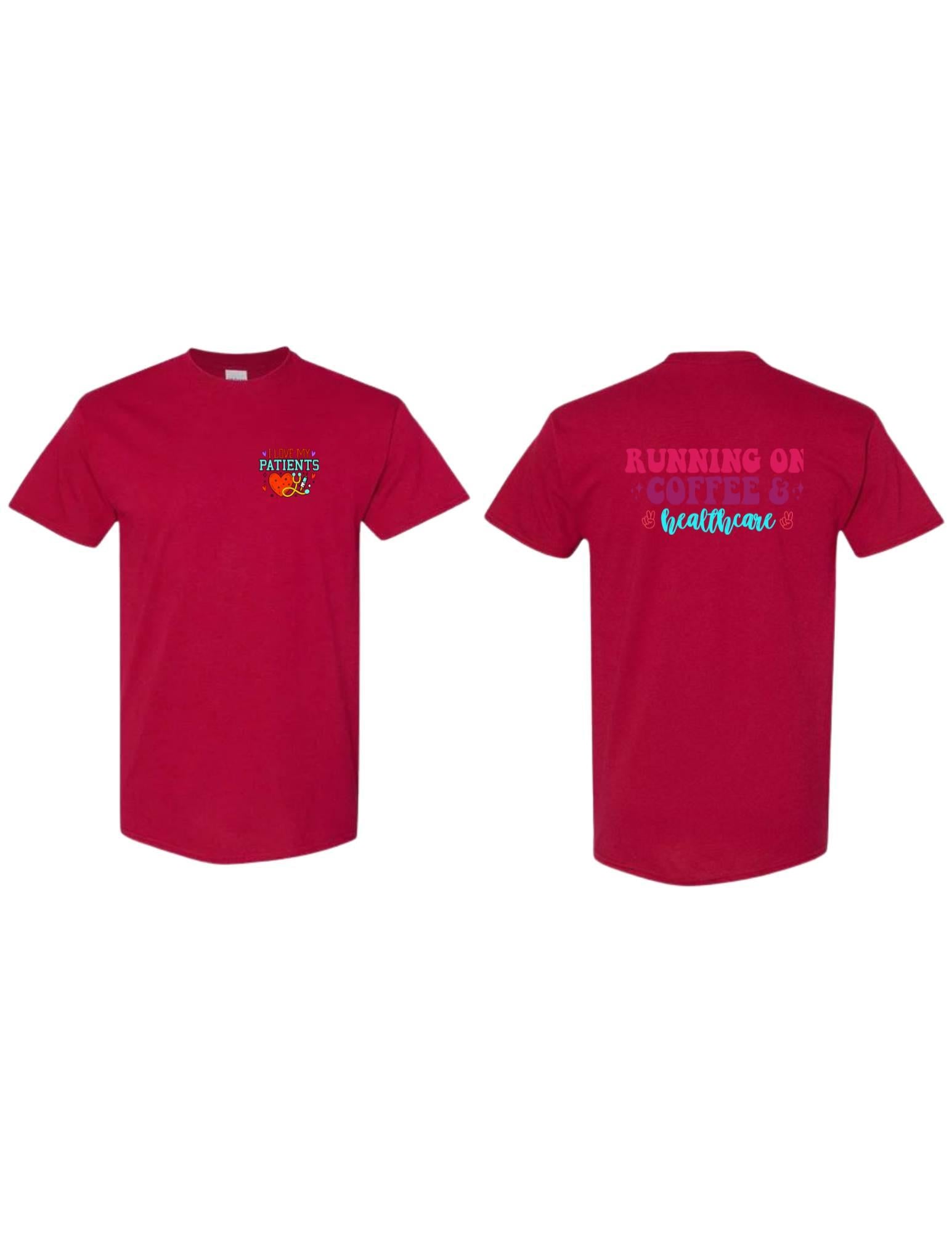 Red t-shirt with text on the front and back on a white background