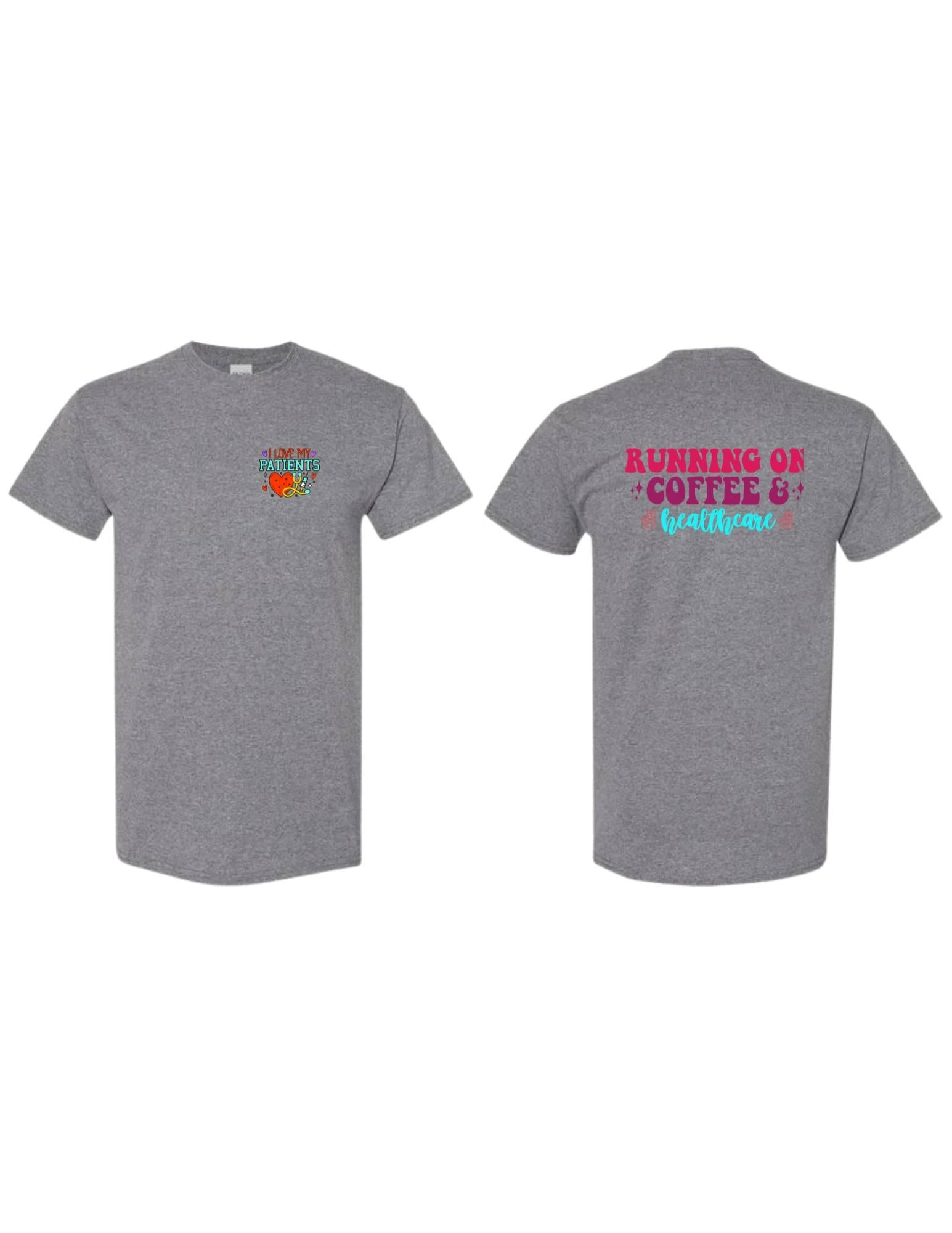 Gray t-shirt with colorful text on a white background