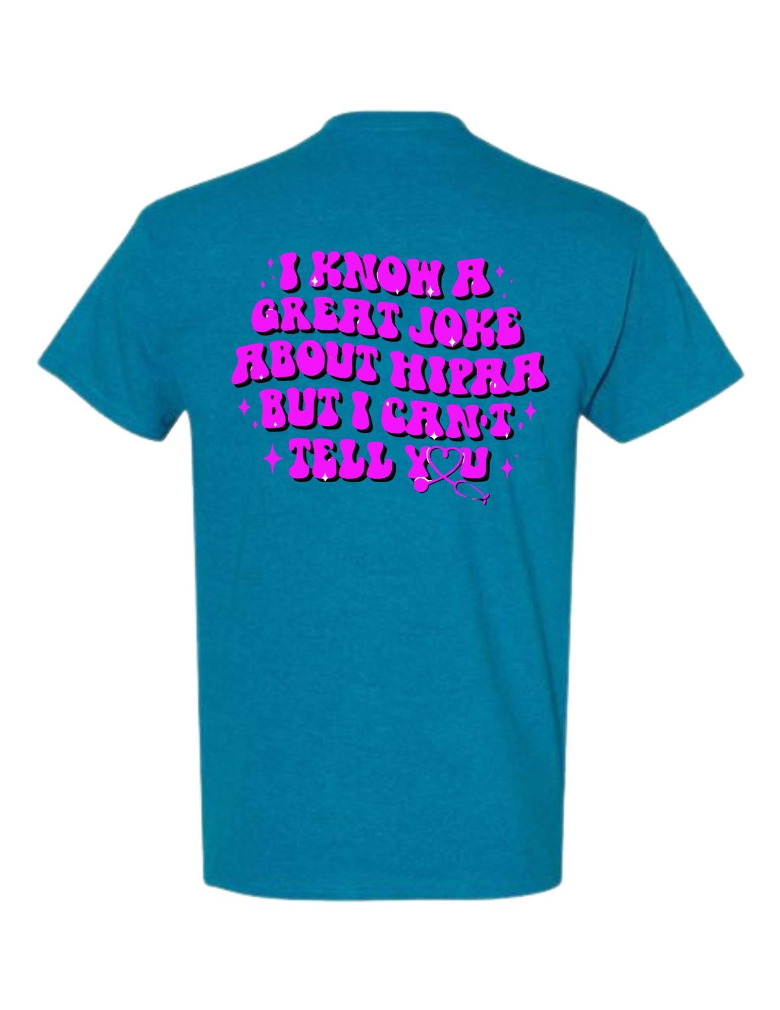 Blue t-shirt with pink text on a white background